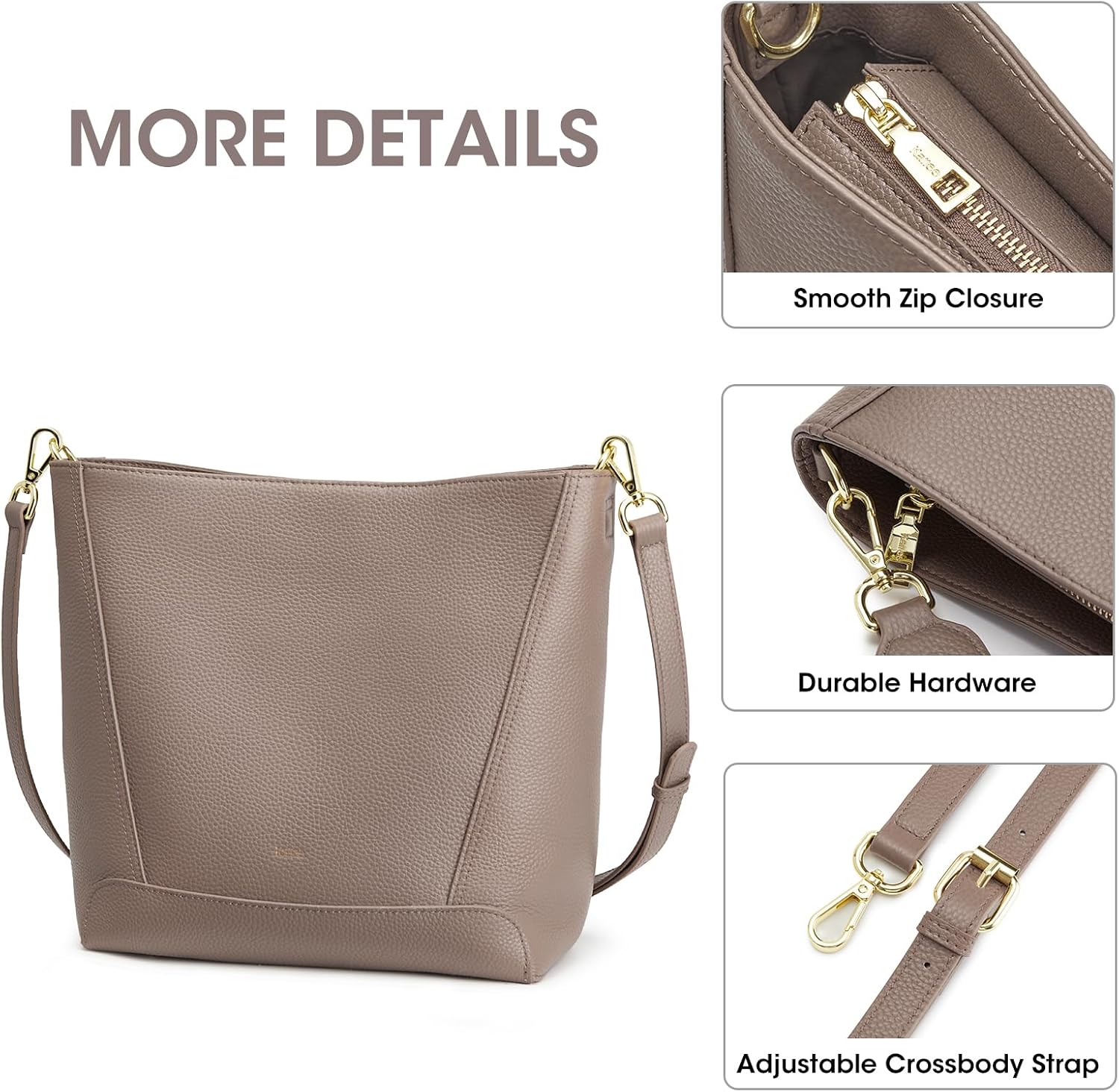 Detalle de Kattee Leather Crossbody for Women: Two-Strap Shoulder Bucket Bag in Top Grain Cowhide
