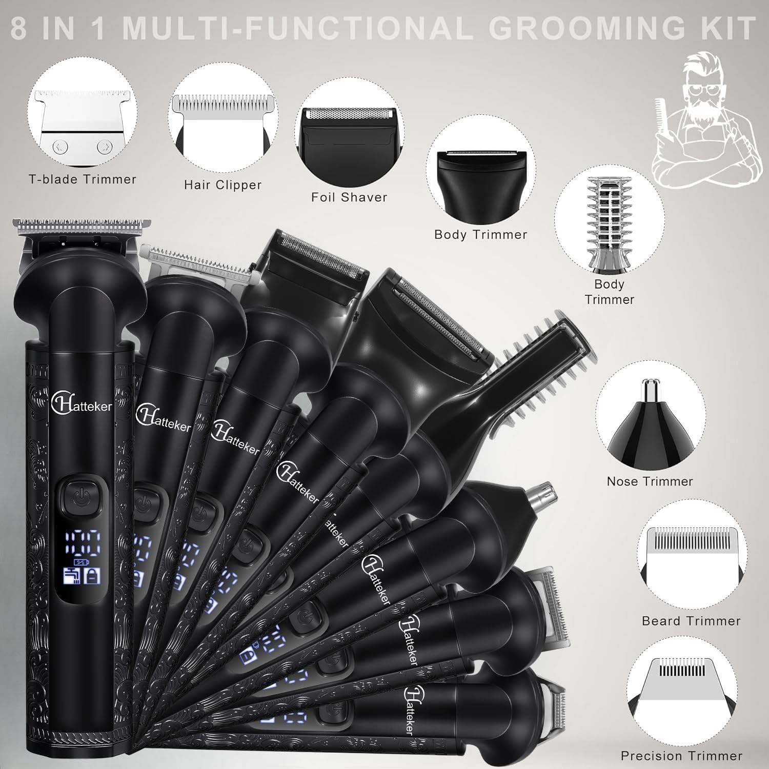 Thumbnail 1 de Hatteker 8-in-1 Professional Men’s Grooming Kit (cordless zero-gapped T-blade trimmer + clipper + body, nose & ear trimmers), IPX7