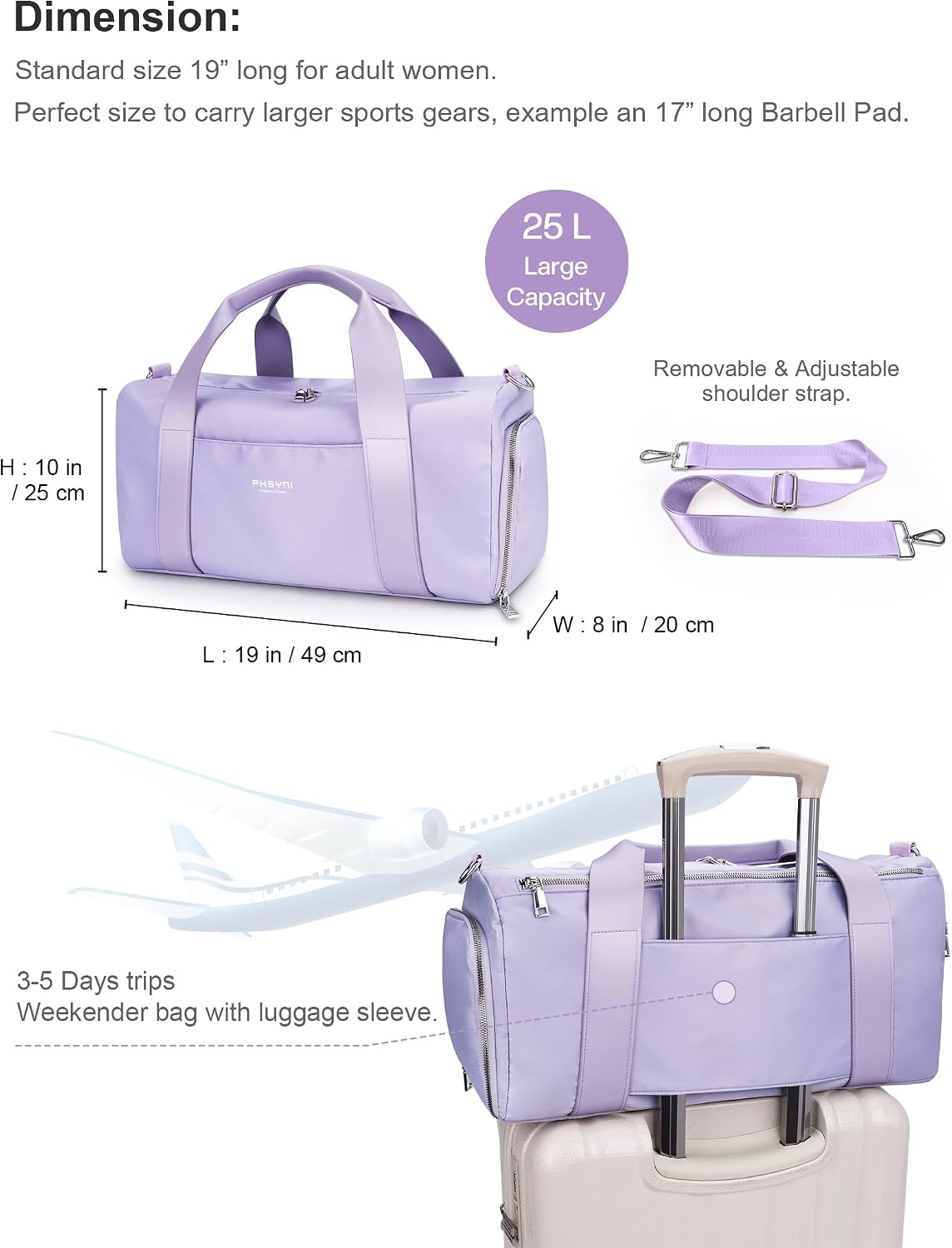 Thumbnail 1 de Sac de sport femme 19 Pouces 25 L avec compartiment à chaussures et poche imperméable (49x20x25 cm)
