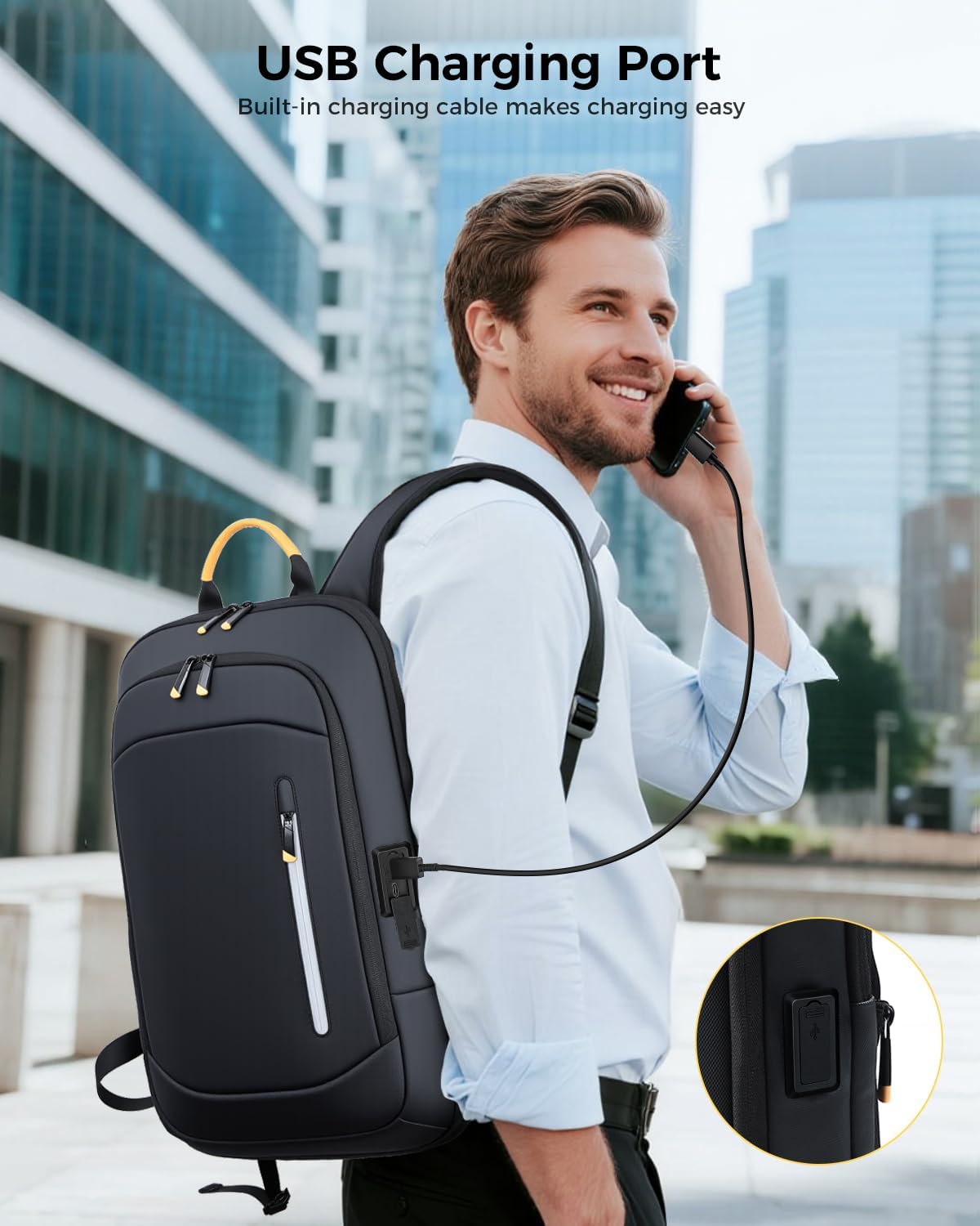 Thumbnail 4 de Lekespring laptop backpack for men (15.6 inch) with USB charging port, expandable water-resistant rucksack – black