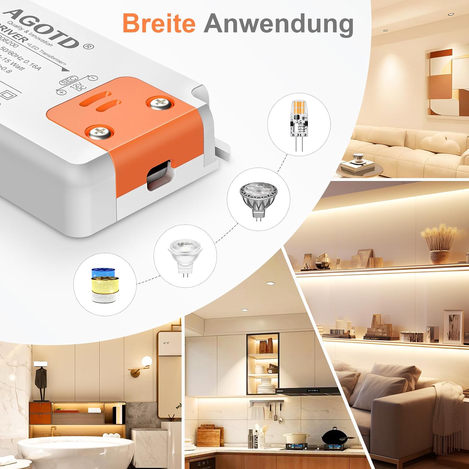 Detalle 2 de LED Trafo 230V auf 12V 15W LED-Treiber Netzteil für G4/MR16 (flach) – nicht dimmbar, 1er Pack