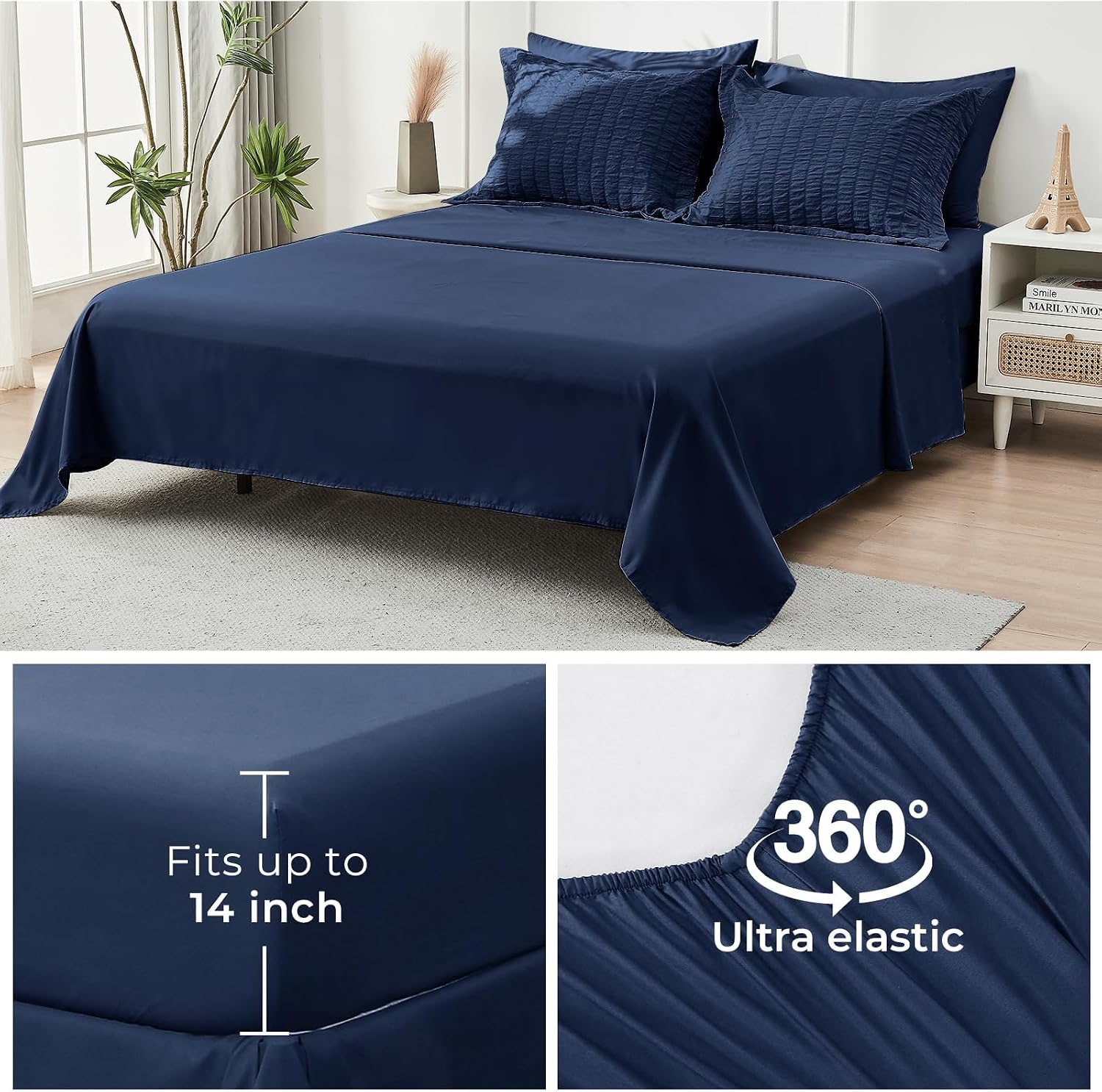 Thumbnail 6 de HYMOKEGE California King Seersucker Comforter Set, Navy Blue, 7-Piece