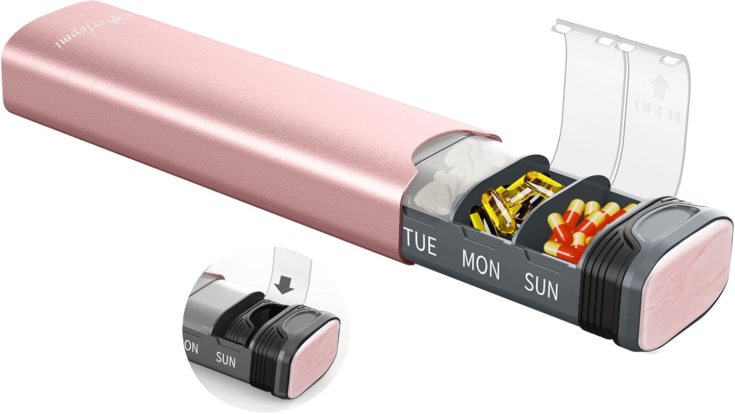 Detalle de Serfeymi Weekly 7-Day Metal Pill Organizer in Pink