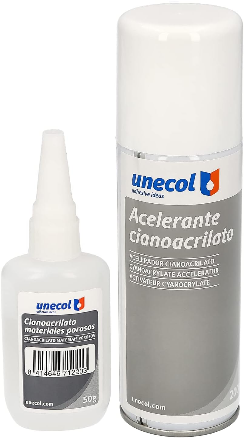 Kit Unecol 7156: acelerante en aerosol + cianoacrilato para materiales porosos (200 ml + 50 ml)