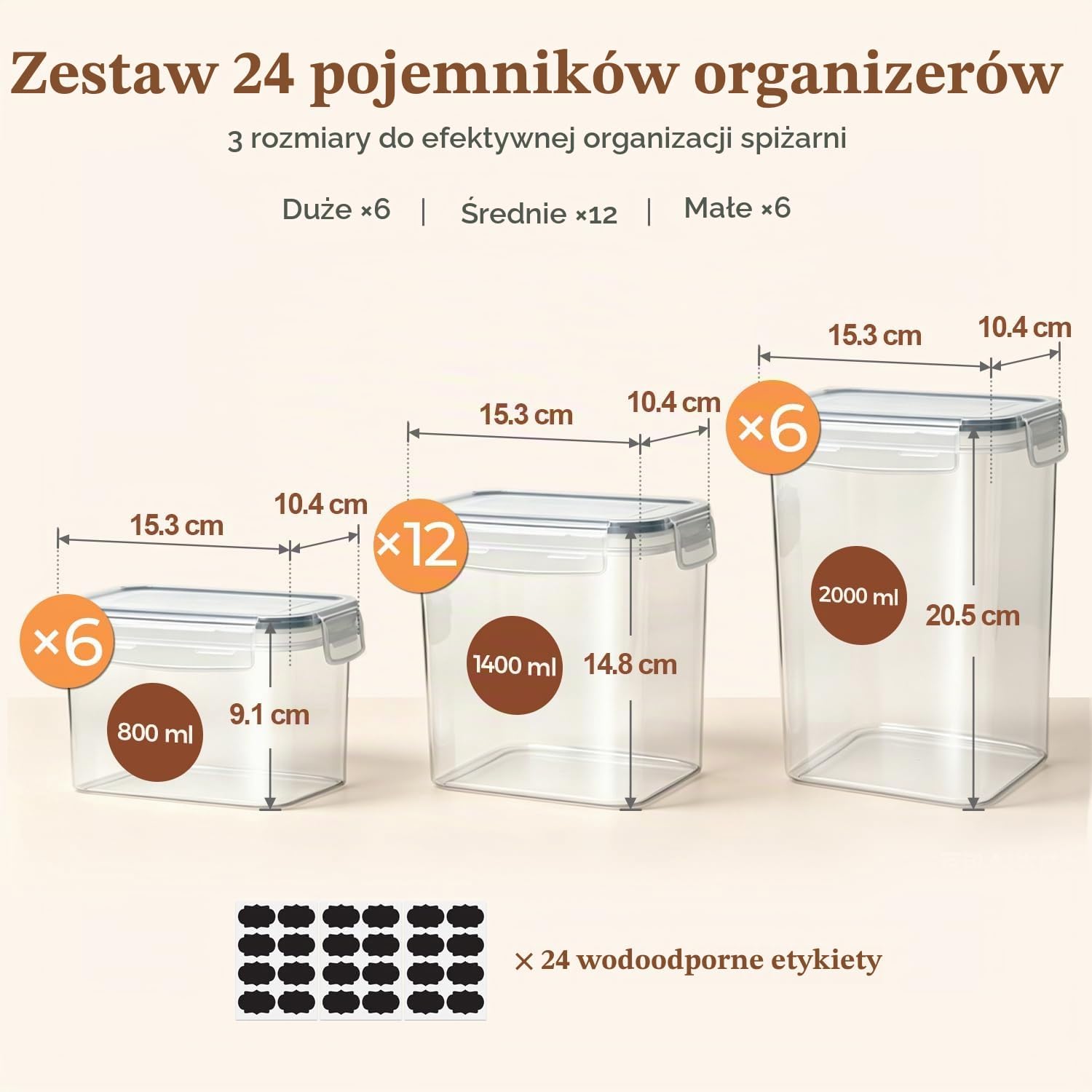 Detalle de ComSaf – hermetyczne pojemniki na żywność, zestaw 24 szt., 0,8–2 l