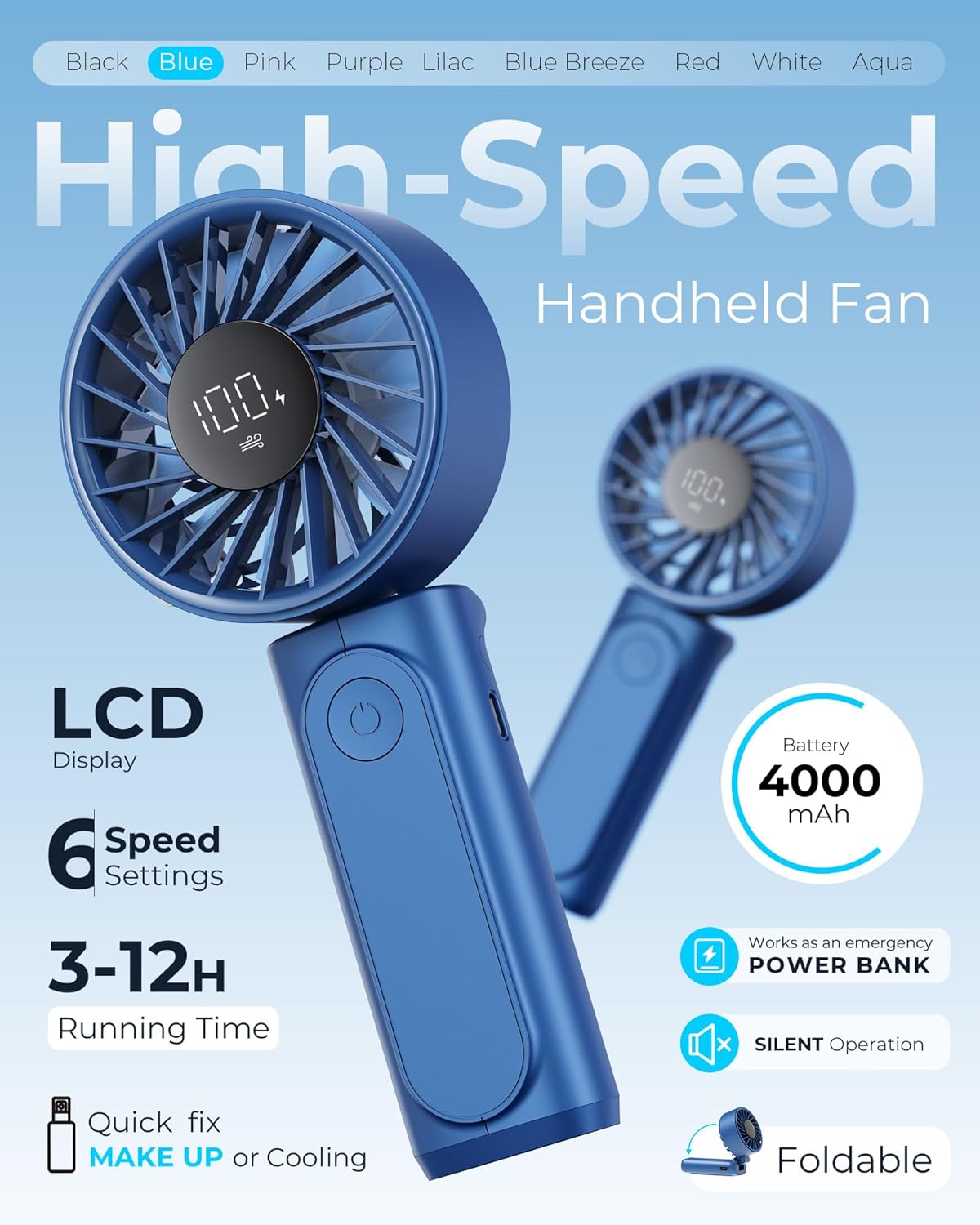 Thumbnail 1 de Peiyuu Handheld Fan: 4000mAh Portable Fan with 6 Speeds and 180° Foldable Design