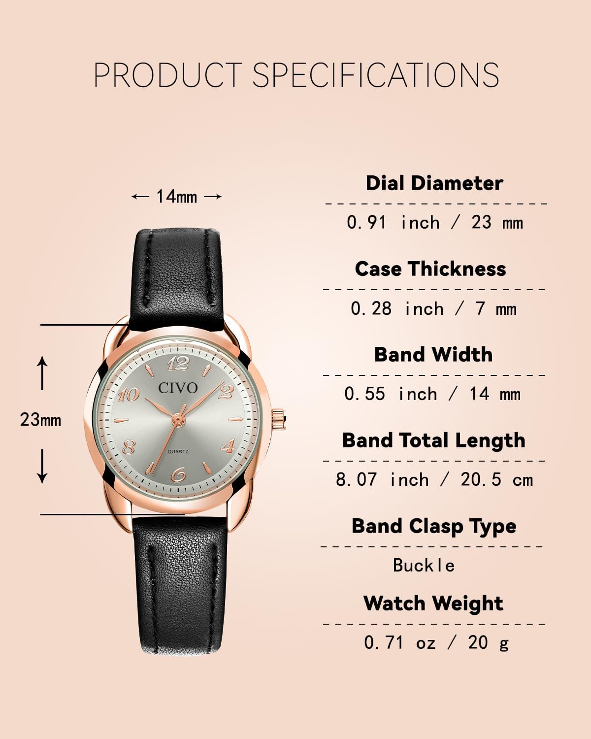 Thumbnail 5 de CIVO Klein Damenarmbanduhr mit Lederarmband – ultradünn, analog, 3ATM wasserdicht
