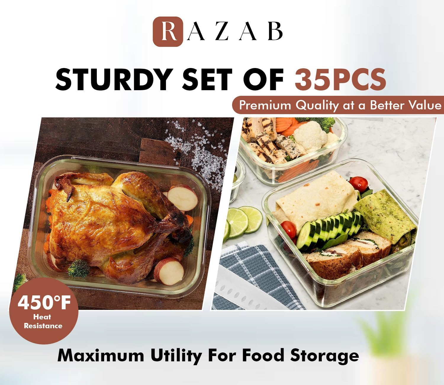 Detalle de Razab 35 Pc Glass Food Storage Set with Lids for Meal Prep