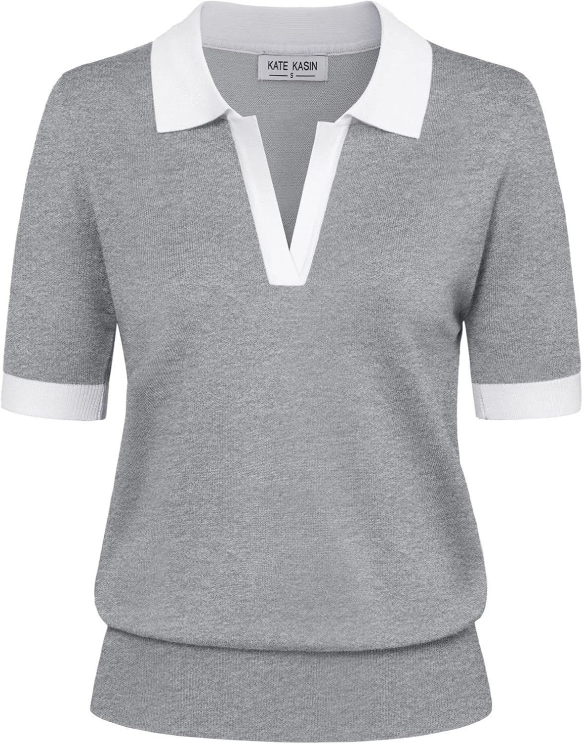 Detalle de Kate Kasin Women Short Sleeve Polo Sweater (V-Neck Knit Ribbed Pullover)