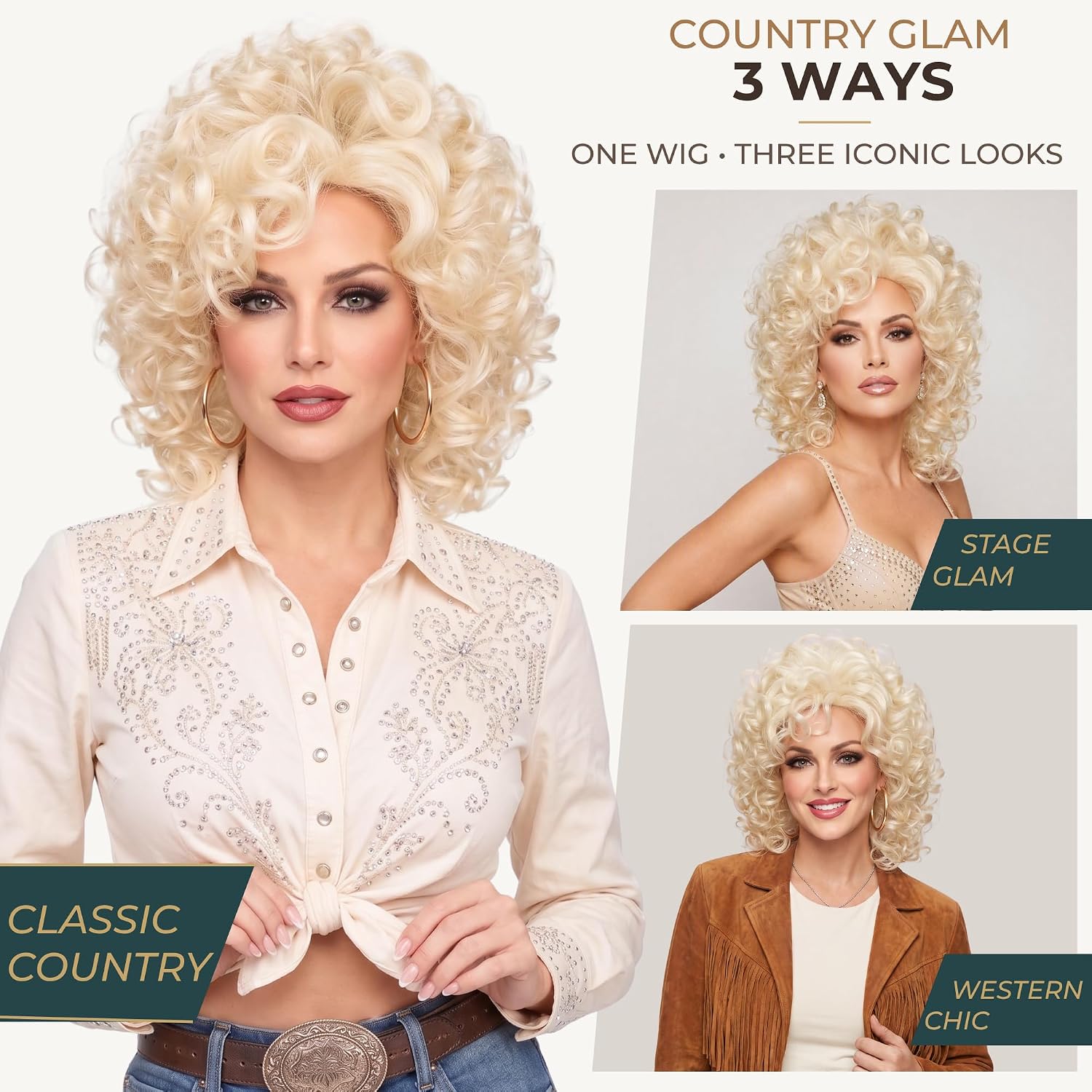 Detalle 2 de AMZCOS Big Blonde Curly Wig for Women, Heat-Resistant Synthetic Fiber
