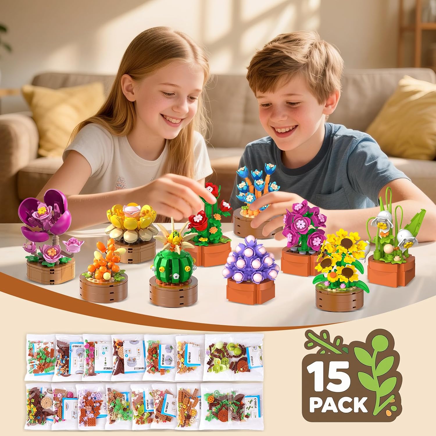 Detalle 2 de HOGOKIDS 15 Pack Flowers & Succulents Mini Building Set (1314PCS) – 3.6mm Plant-Themed Brick Toys for Ages 6+
