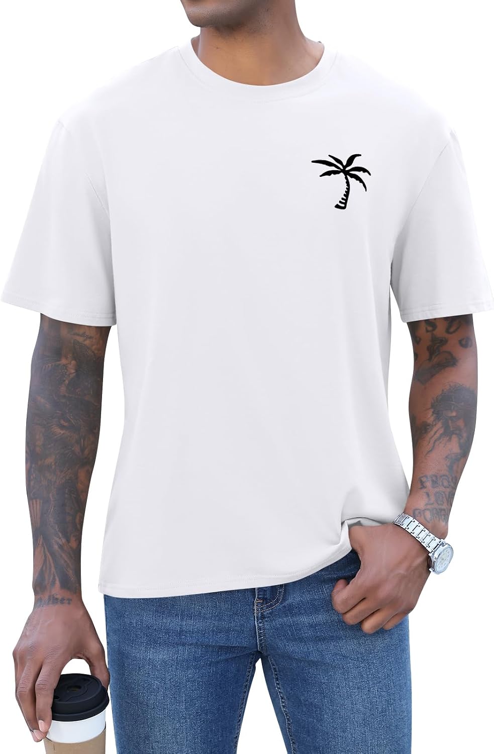Detalle 2 de iudam Herren Kurzarm T-Shirt mit Palmenprint – Sommer-Top aus Baumwollmischung