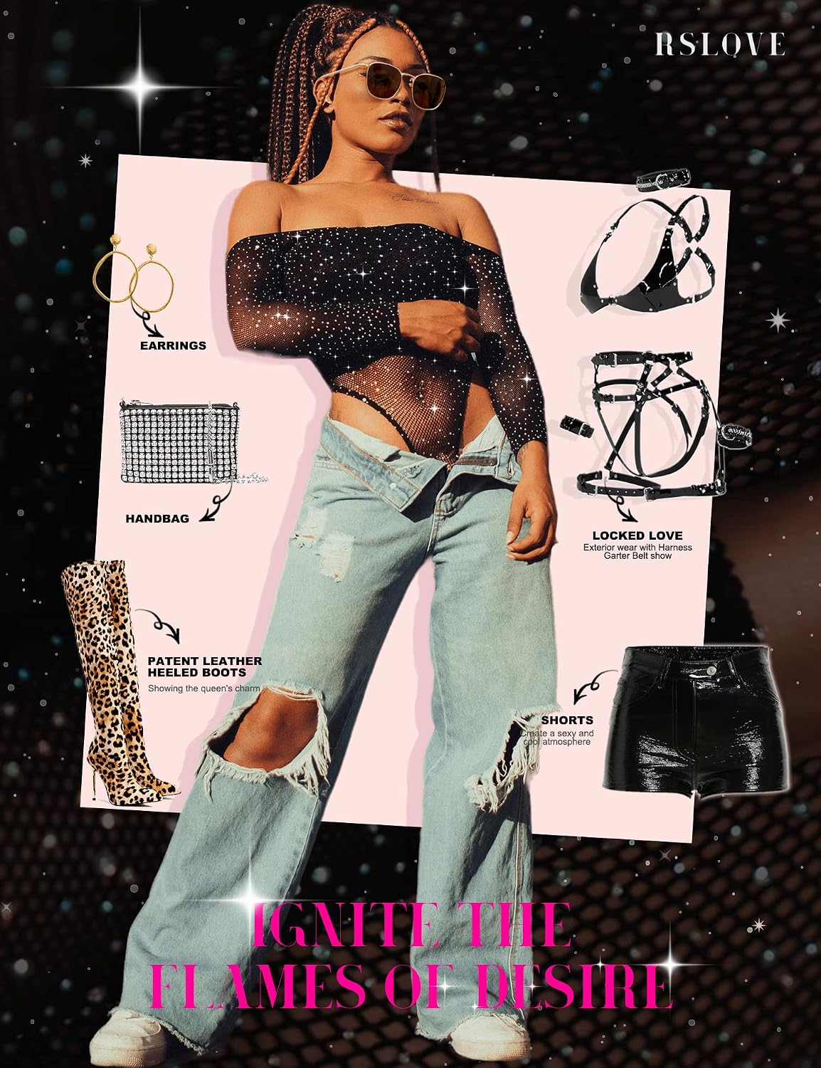 Detalle de RSLOVE Fishnet Rhinestone Bodysuit
