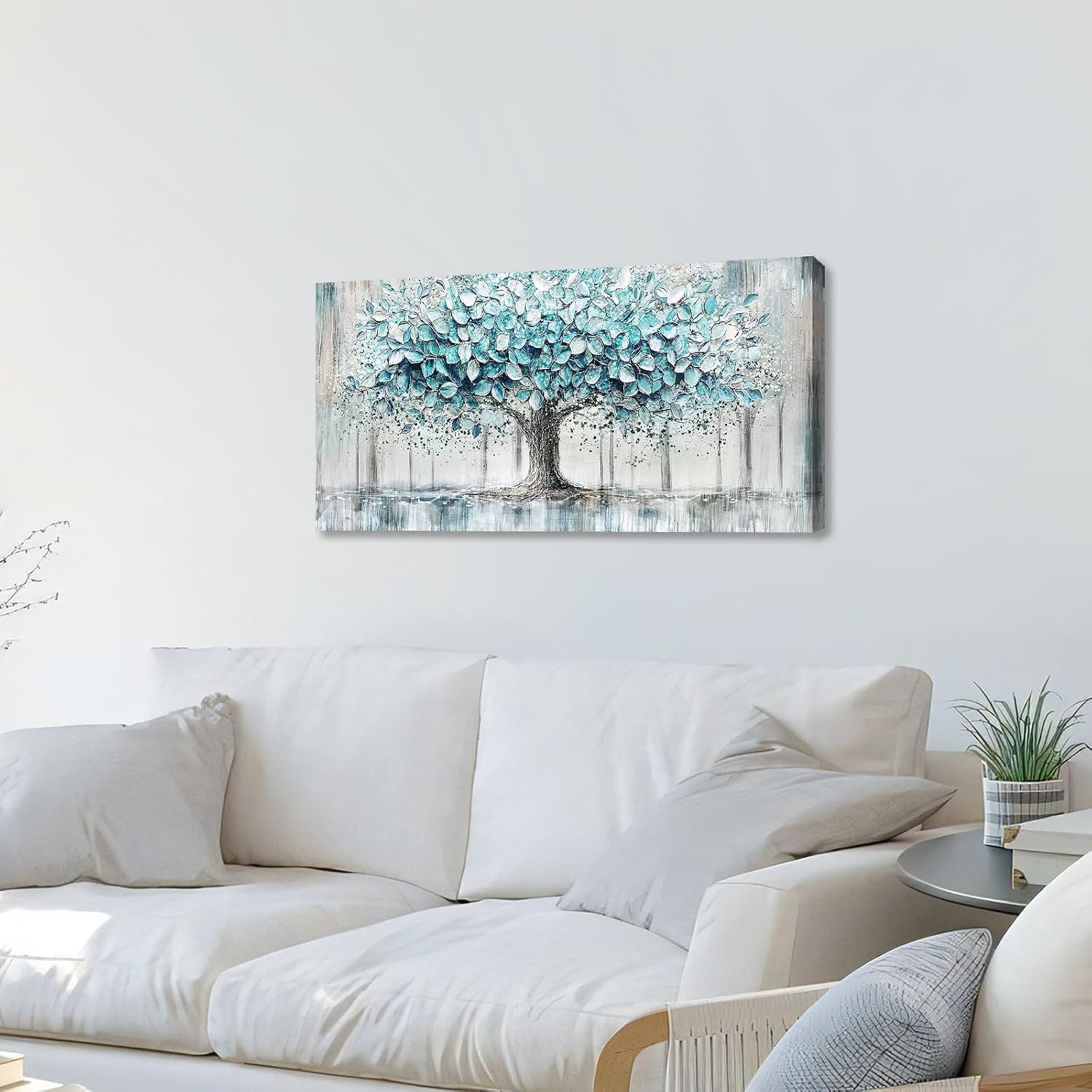 Thumbnail 3 de Grau Blau Lebensbaum Leinwandbild mit Rahmen – Abstrakte Texturkunst, 50×100 cm