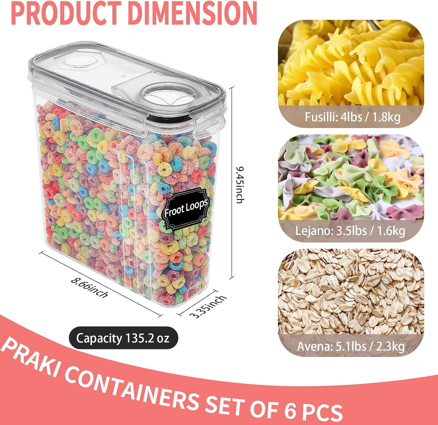 Detalle de PRAKI 4L Food Storage Containers, 6-Piece Stackable Set with Pour Spouts
