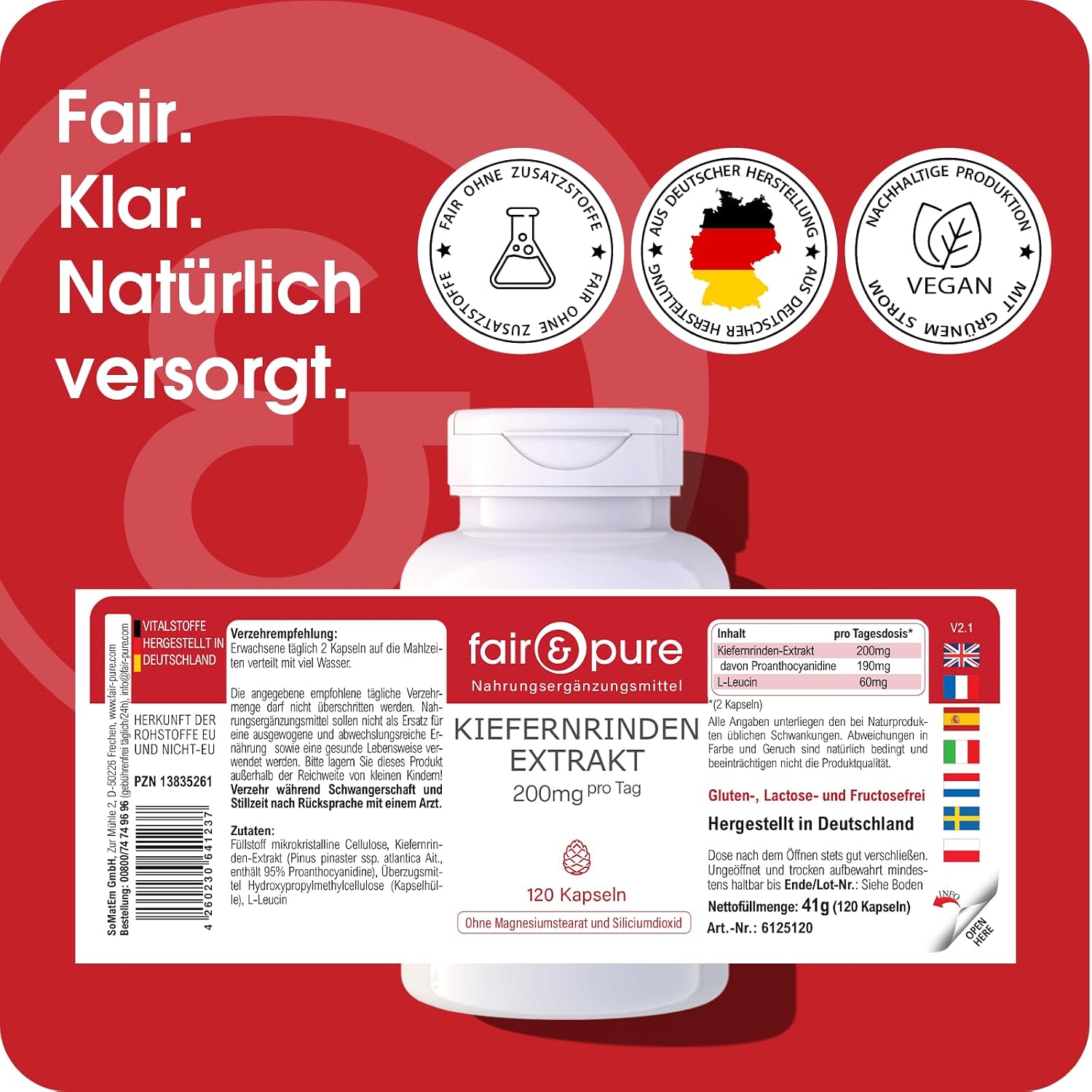 Detalle 2 de Fair & Pure Kiefernrinden Extrakt 200 mg, 120 Kapseln – veganes Nahrungsergänzungsmittel mit 95% Proanthocyanidine, in Deutschland hergestellt