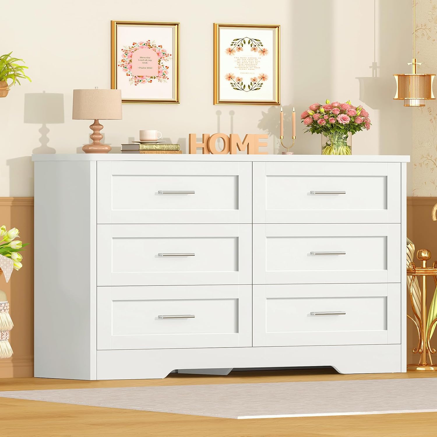 Detalle 2 de TEENFON DGX009W 6-Drawer Chest of Drawers, White, 107 x 35 x 75.5 cm