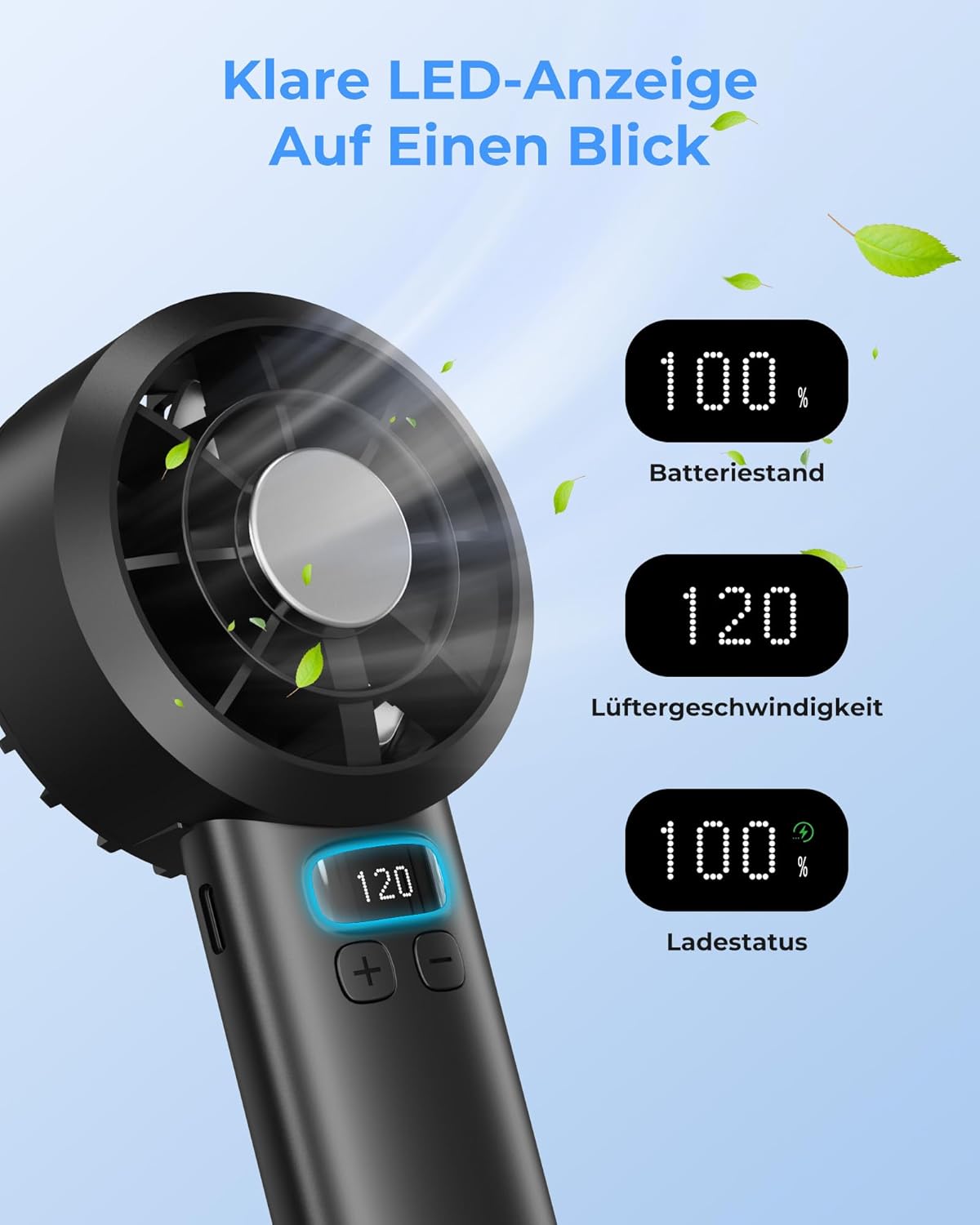 Thumbnail 2 de LUXVANO Handventilator (USB, 120 Stufen, LED-Display, 3000 mAh, Sicherheitsverriegelung) – Schwarz