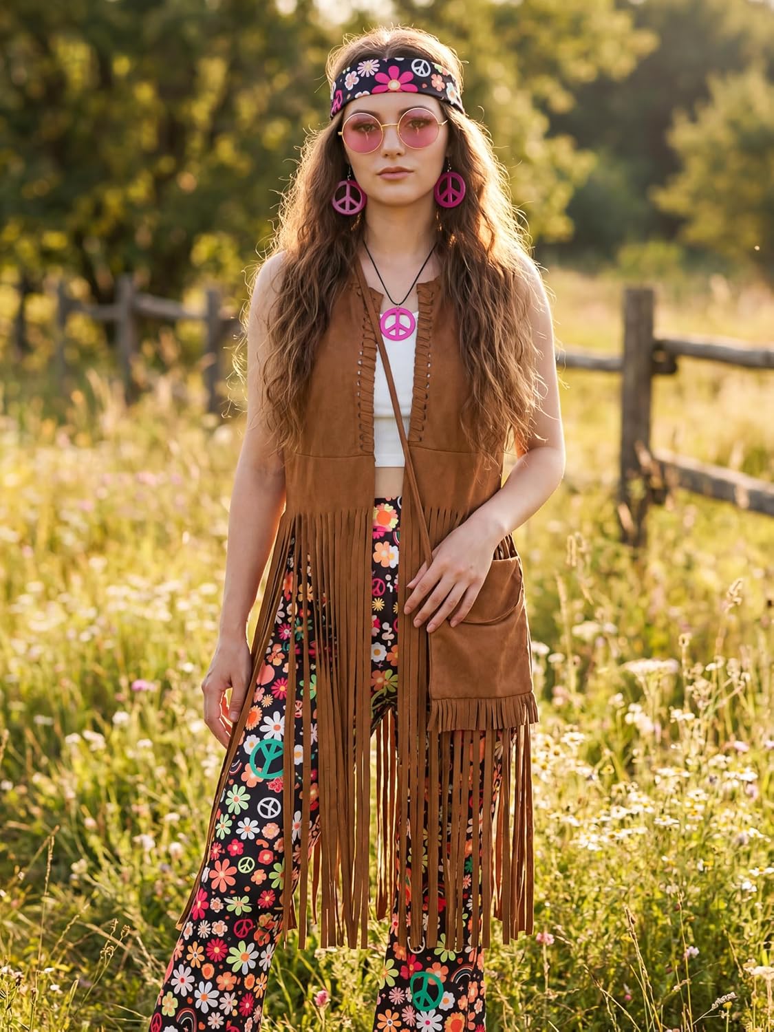 Detalle de SOMSOC 7-Piece Women's 60s & 70s Hippie Costume Set with Fringe Vest