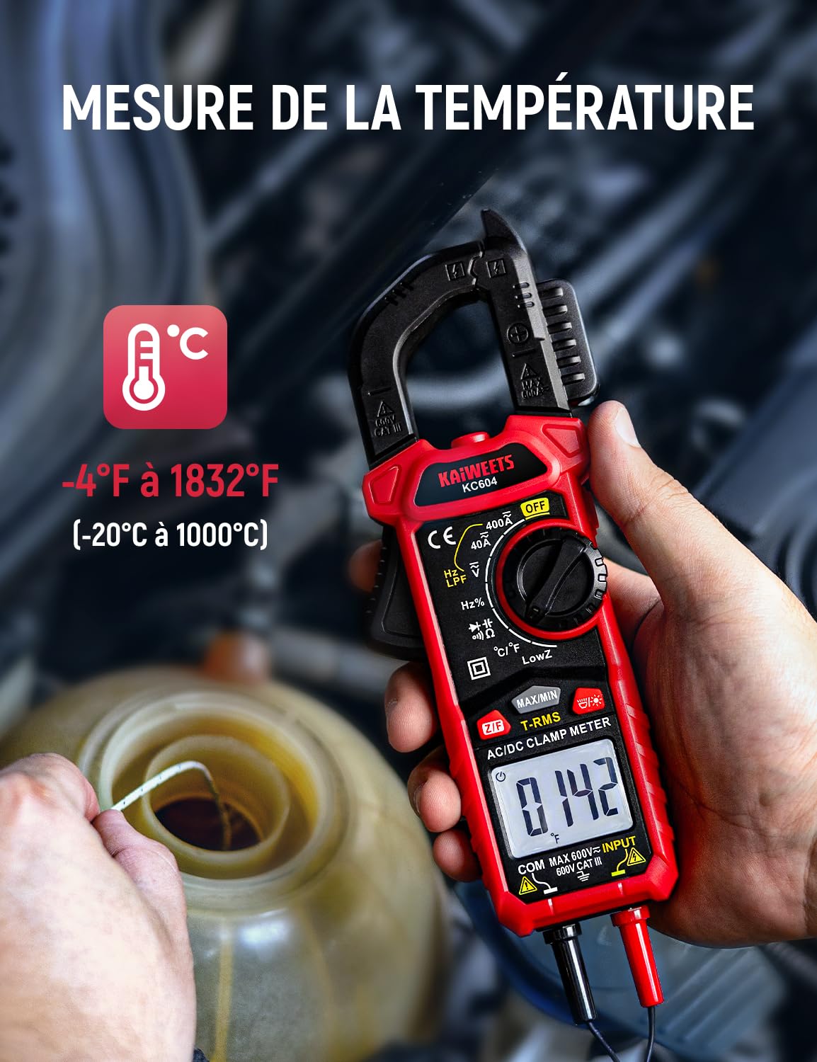 Detalle 2 de KAIWEETS KC604 : pince ampèremètre AC/DC T‑RMS avec mesure courant, tension, continuité et test diodes