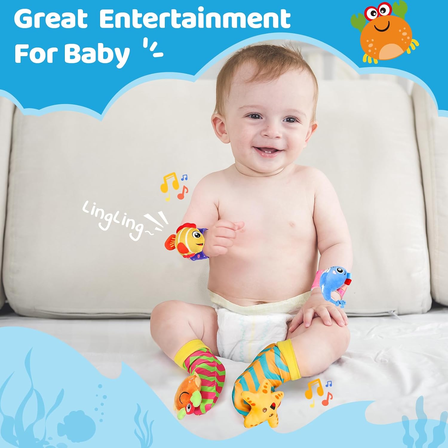 Thumbnail 4 de Foot Finders Wrist Rattles sensory socks & wrist rattles for babies (newborn–12 months) – marine life