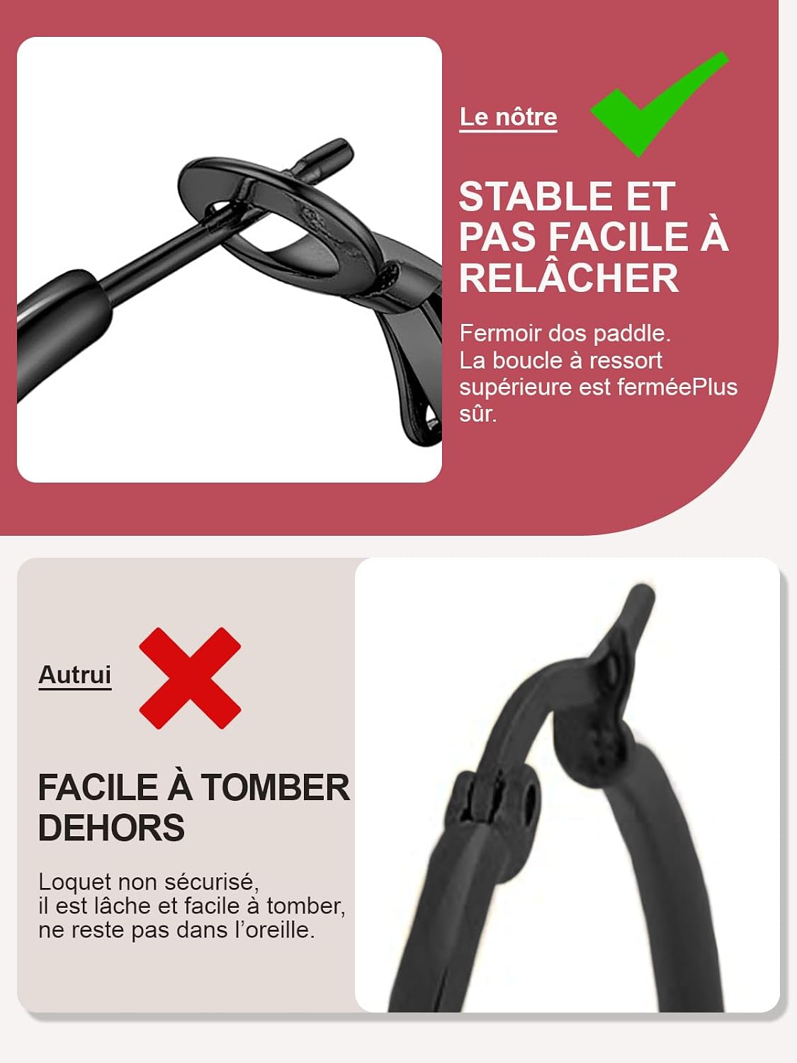 Detalle de FOCALOOK Boucles d’oreilles créoles femme argent/plaqué or/noir en acier inoxydable (grands anneaux)
