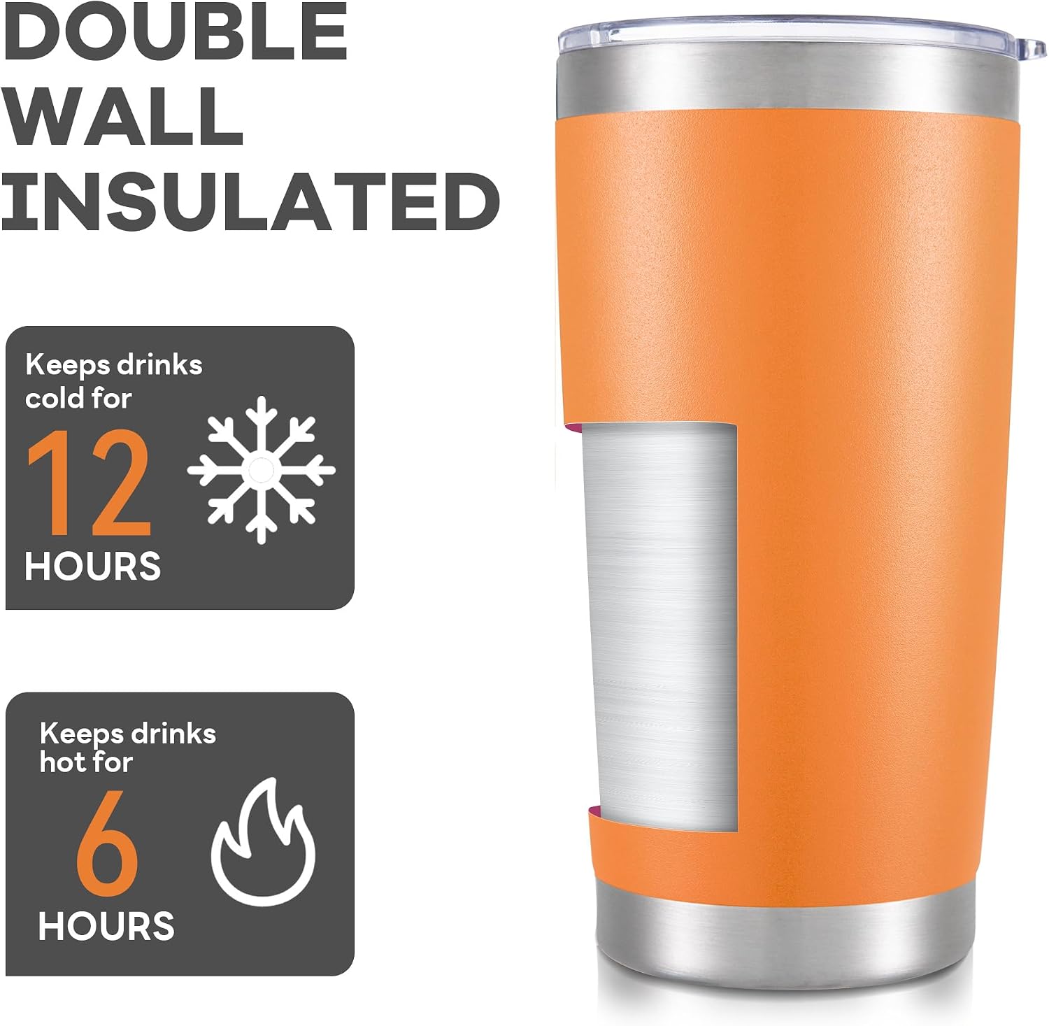 Detalle de Orebigo 20 oz Stainless Steel Tumblers, Orange, 12-Pack with Lids