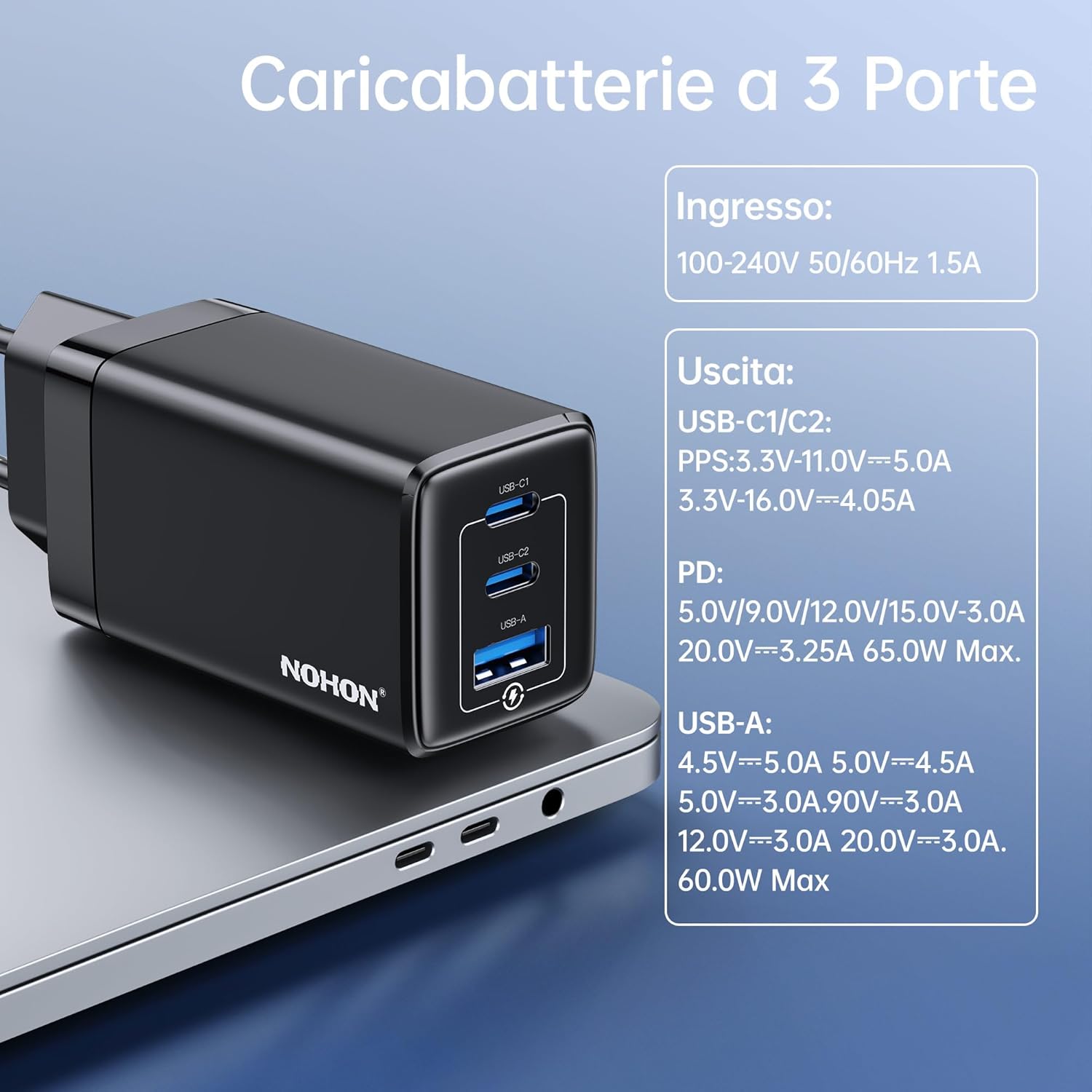 Thumbnail 4 de NOHON Caricatore USB-C 65W GaN PD 3.0 con 3 Porte e Cavo 140W 1,2 m