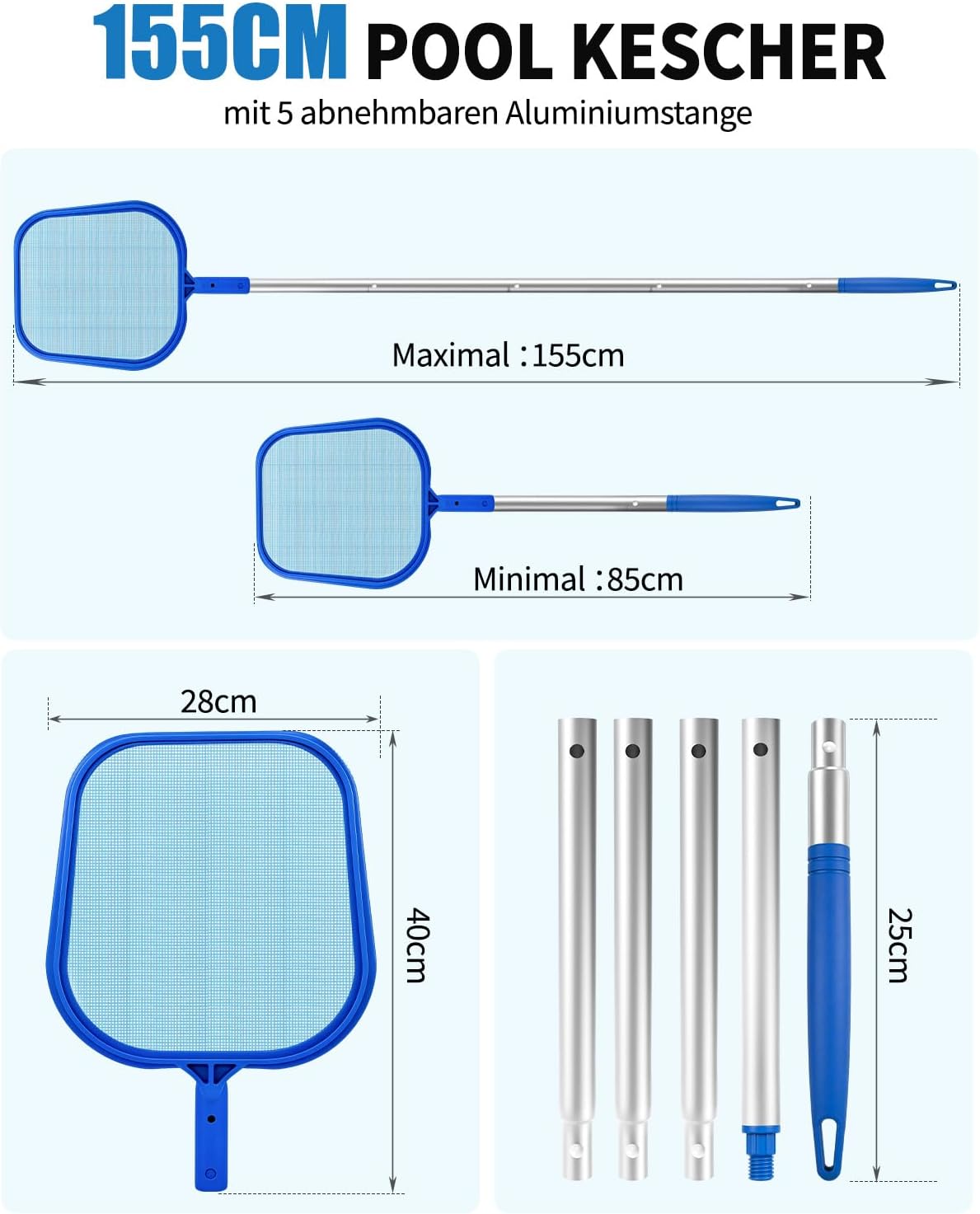 Detalle de MRUN BONE Pool Kescher 155 cm – Feinmaschiges Netz, robustes Leichtgewicht für Pool, Teich und Planschbecken