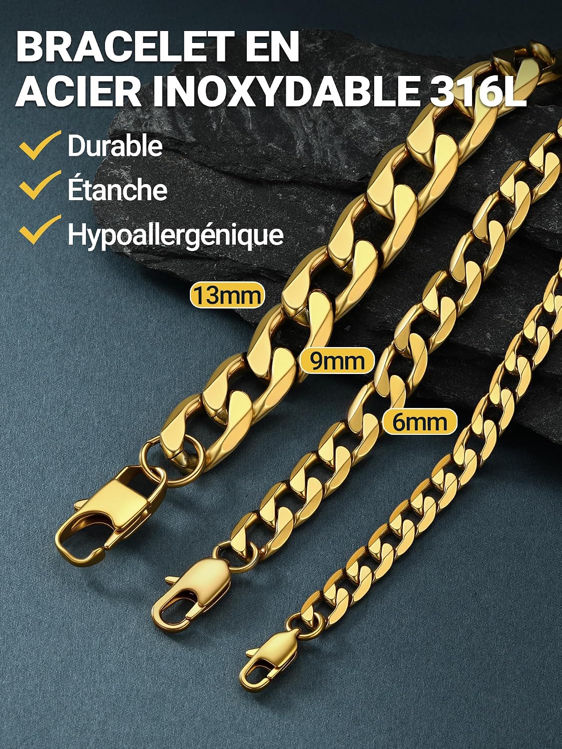 Thumbnail 4 de PROSTEEL Gouremtte gourmette homme/femme en acier inoxydable 316L et plaqué or jaune (noir) – maillons cubaine