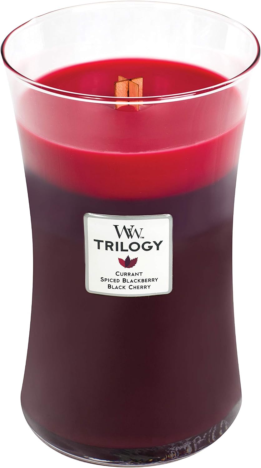 Detalle 2 de WoodWick Trilogy candela profumata a clessidra grande con Pluswick Innovation – Frutti di bosco maturati al sole