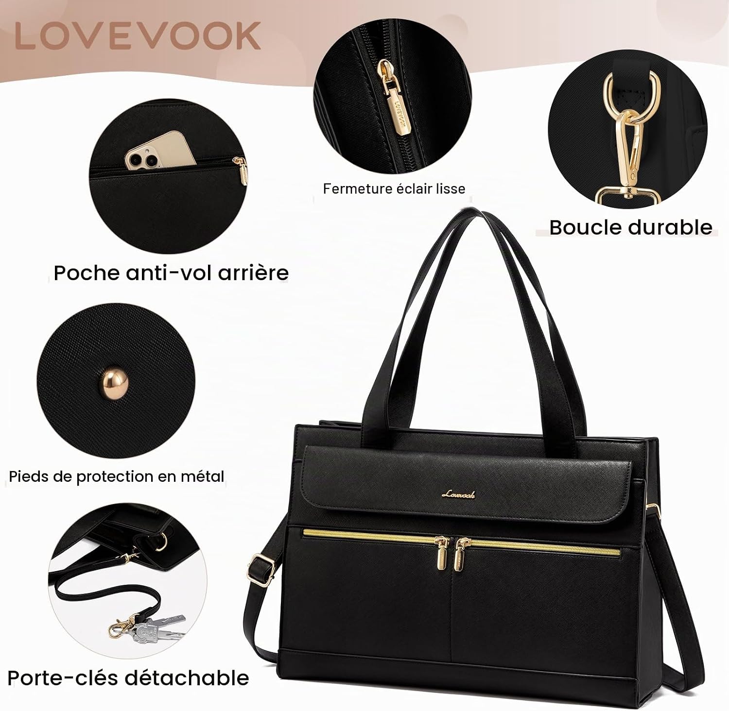 Detalle de LOVEVOOK laptoptas voor dames 15,6 inch van kunstleer, waterbestendig