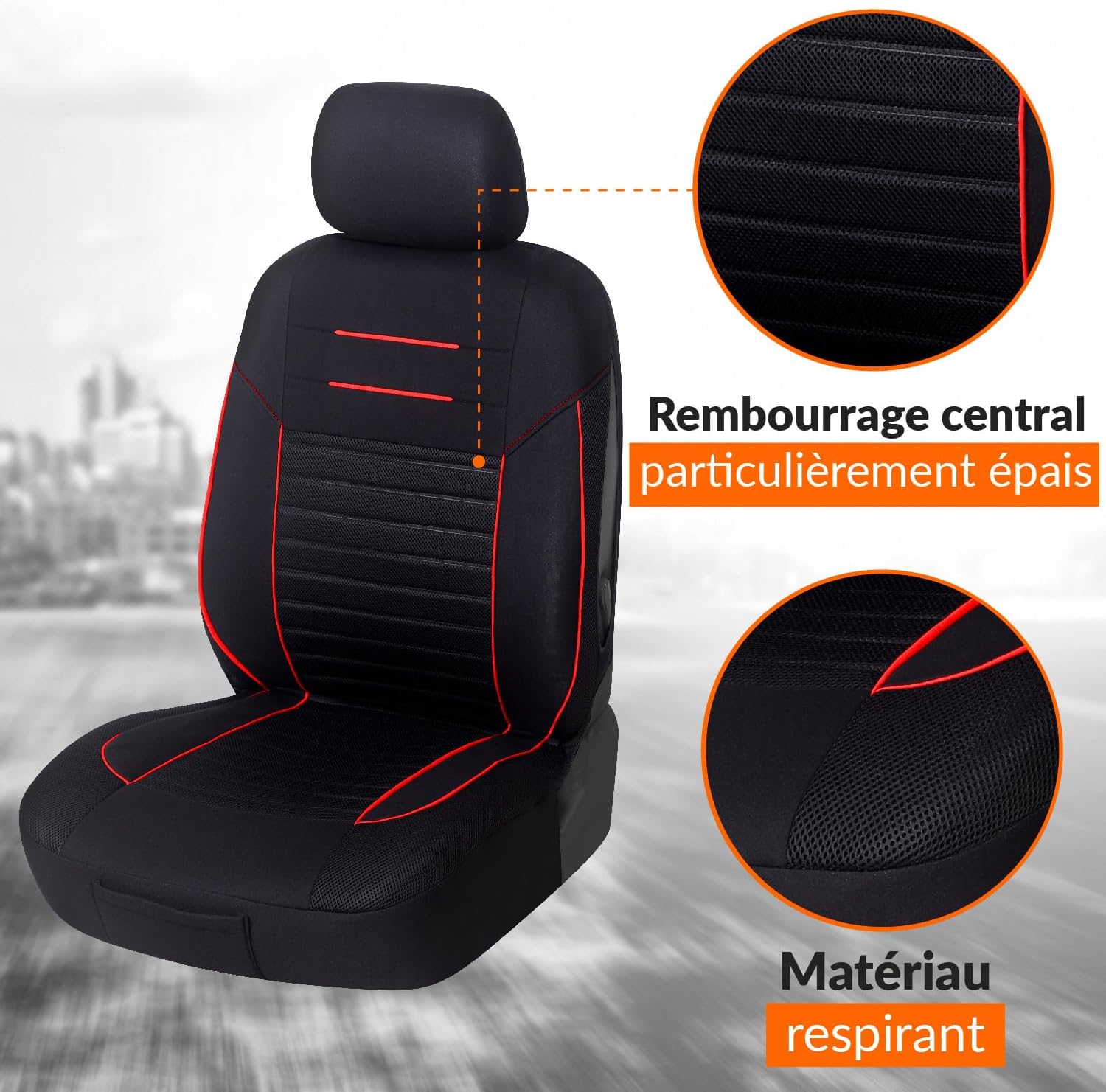 Detalle de Upgrade4cars Housses de siège avant universelles noir et rouge – jeu complet pour conducteur et passager