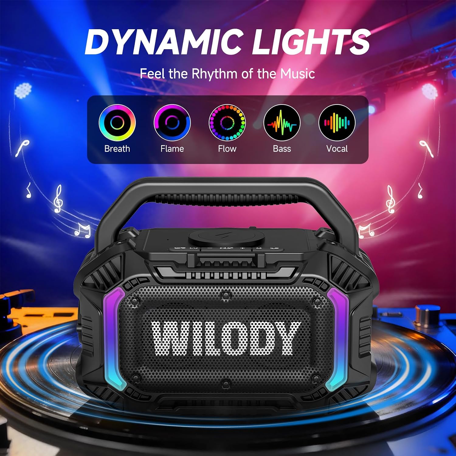 Thumbnail 6 de Wilody 100W tragbarer Bluetooth-Lautsprecher (BT 5.3, TWS, IPX7) mit RGB-Licht & 20h Akku – L-Schwarz
