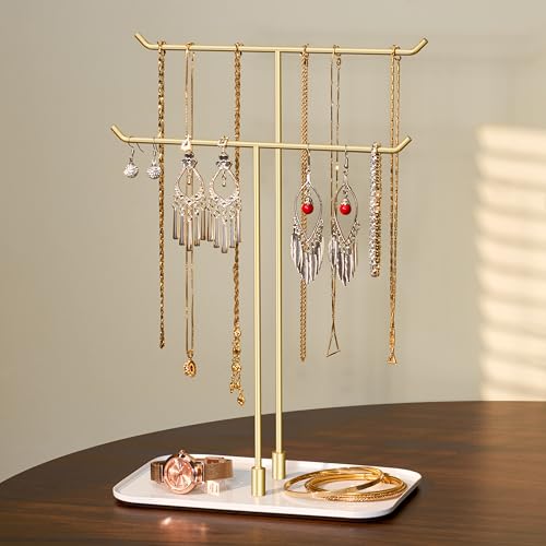 Detalle de Josmimic Necklace Holder Jewellery Stand – Gold, Two-Tier, Non-Slip Base