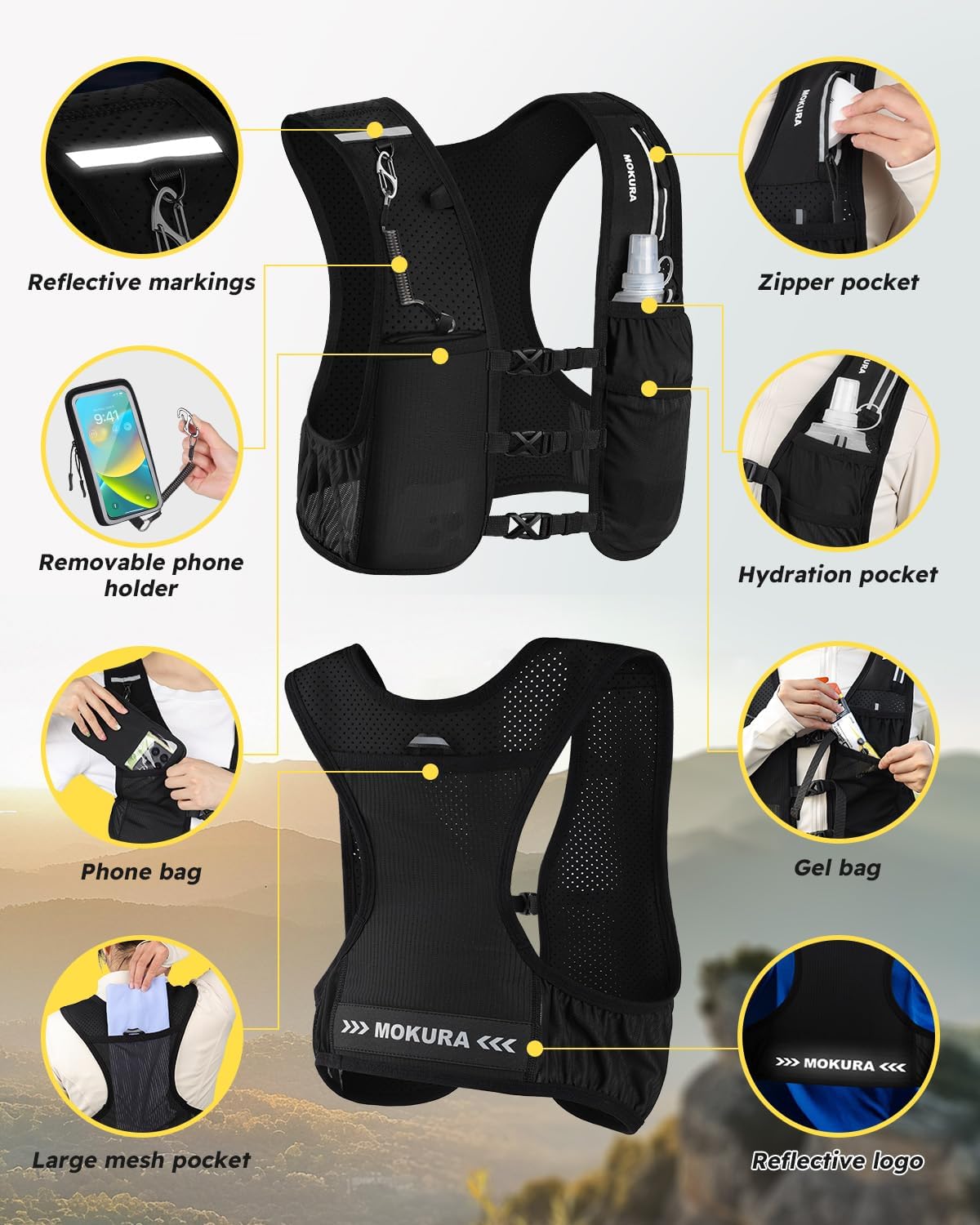 Detalle 1 de MOKURA Running Vest-BL-M-001 Hydration Vest with 500 mL Flask and Phone Holder