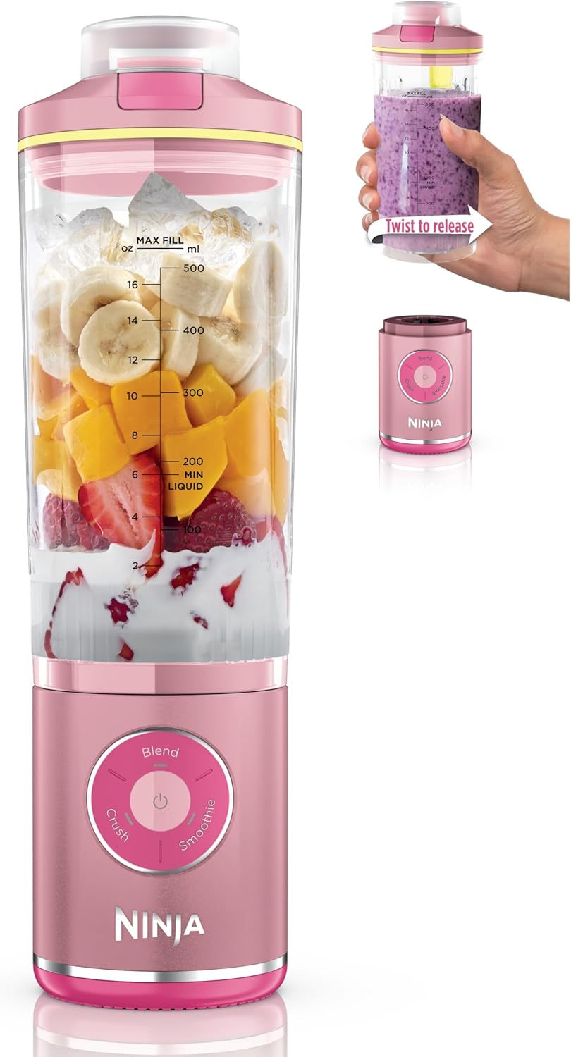 Detalle de Ninja Blast Max Portable Blender + Twist & Go (Pink Lemon) – 22 oz, Cordless with 3 Auto IQ Programs