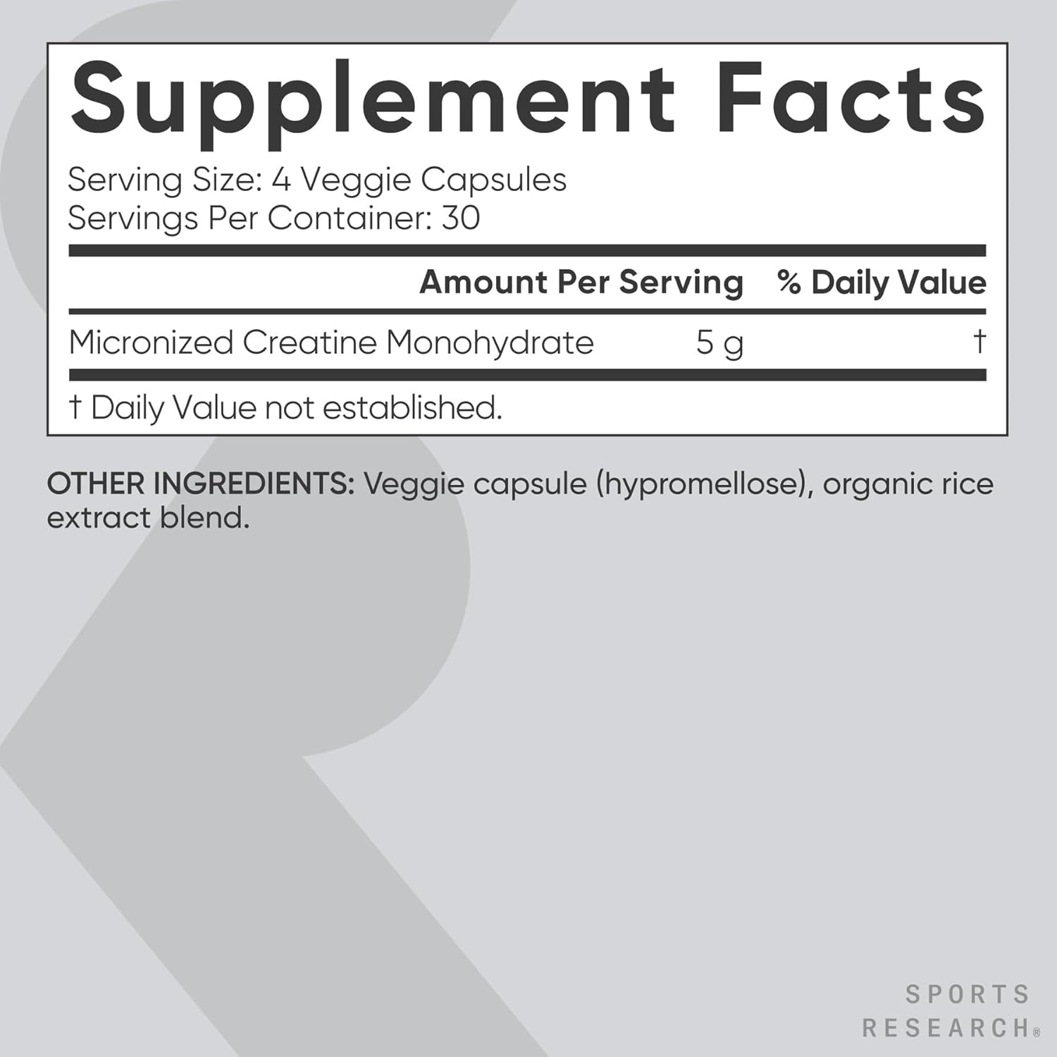 Detalle de Sports Research Creatine Monohydrate Capsules (5g per serving) — non-GMO, vegan capsules for workout strength & recovery