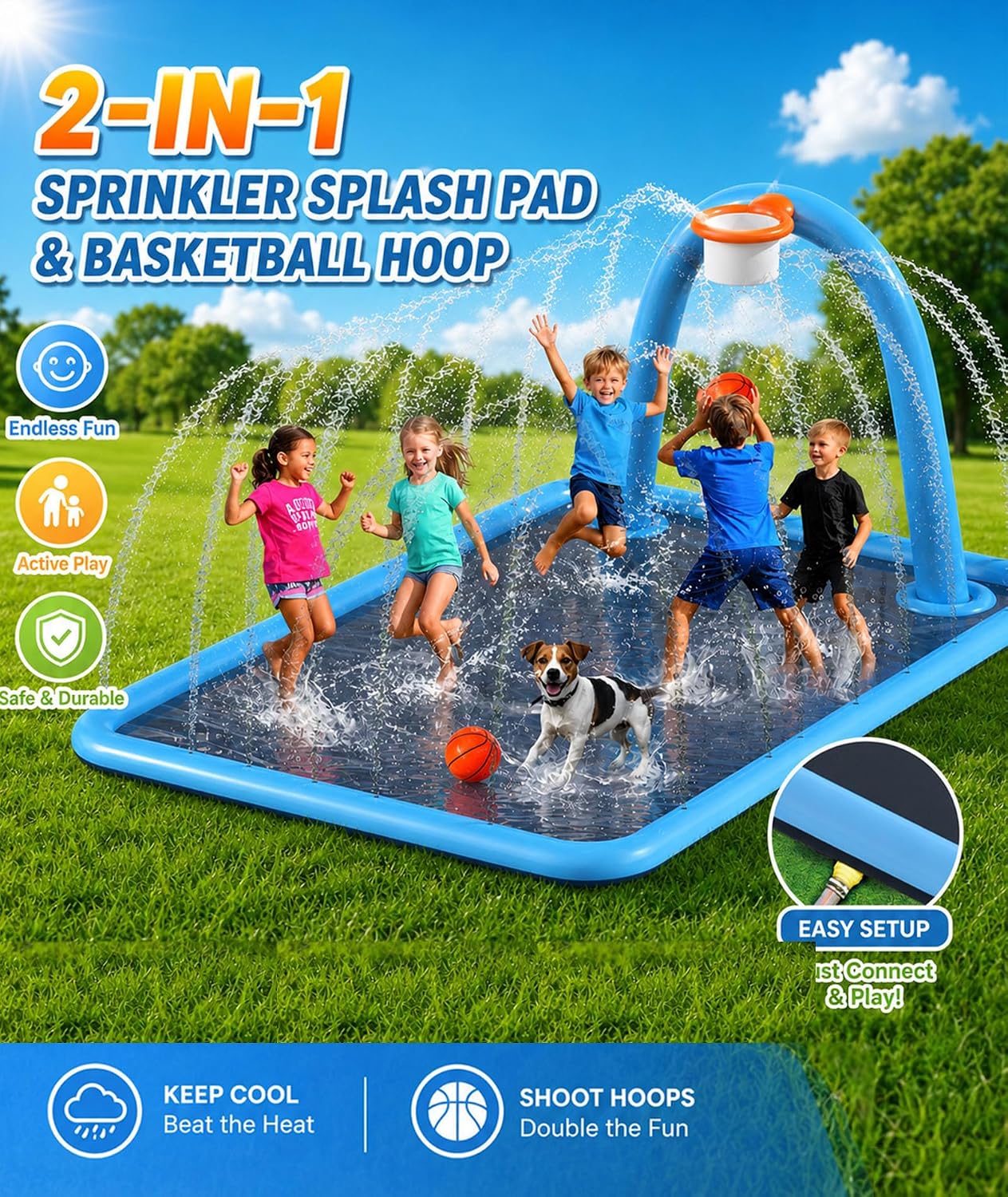 Detalle de Thrillza Splash Pad: 110" 3-in-1 Backyard Water Playground for Kids & Dogs