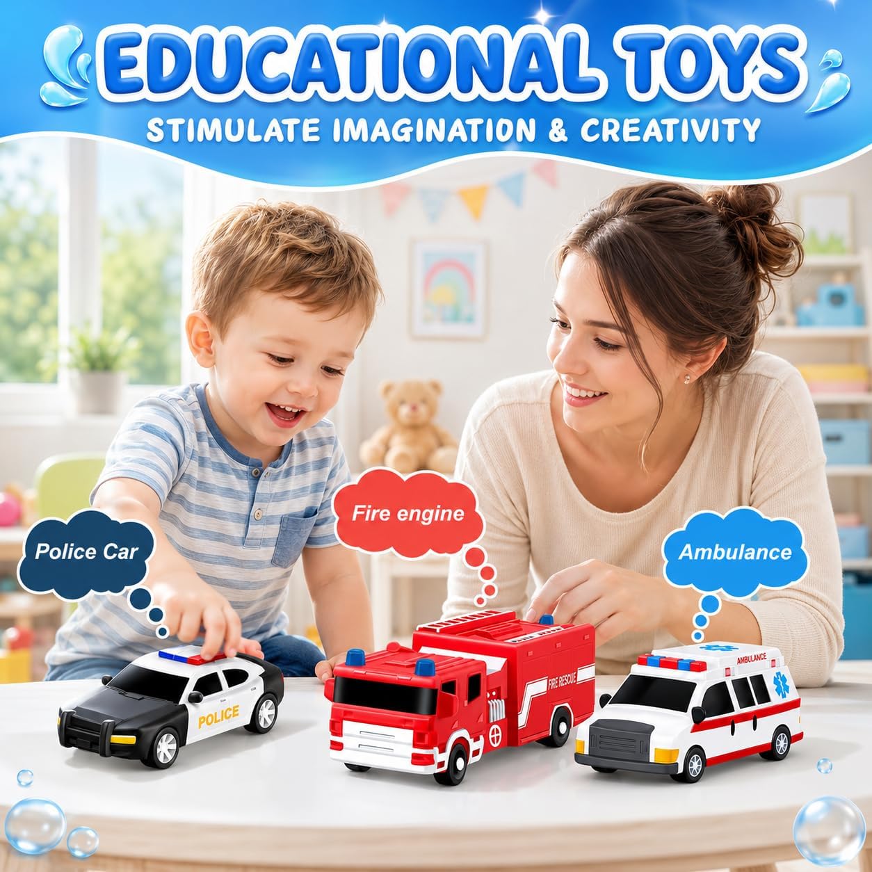 Detalle de Kein Loch Badspielzeug – 3‑teilige Auto-Badespielzeug-Kollektion für Kleinkinder (Polizei, Feuerwehr, Krankenwagen)