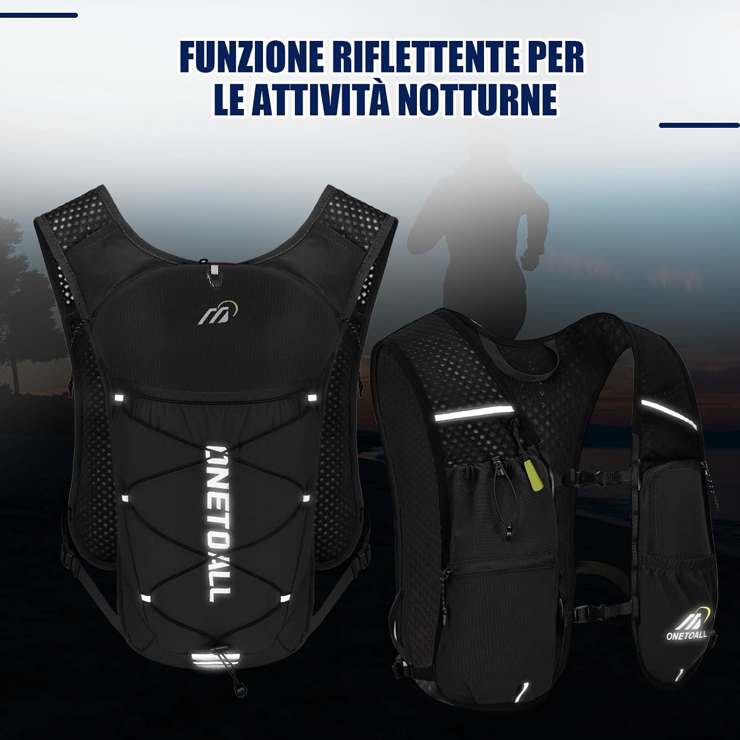 Detalle de ONETOALL Zaino Trail Running: Gilet Running con borraccia 500 ml e sacca idrica 2L, ultraleggero 150 g