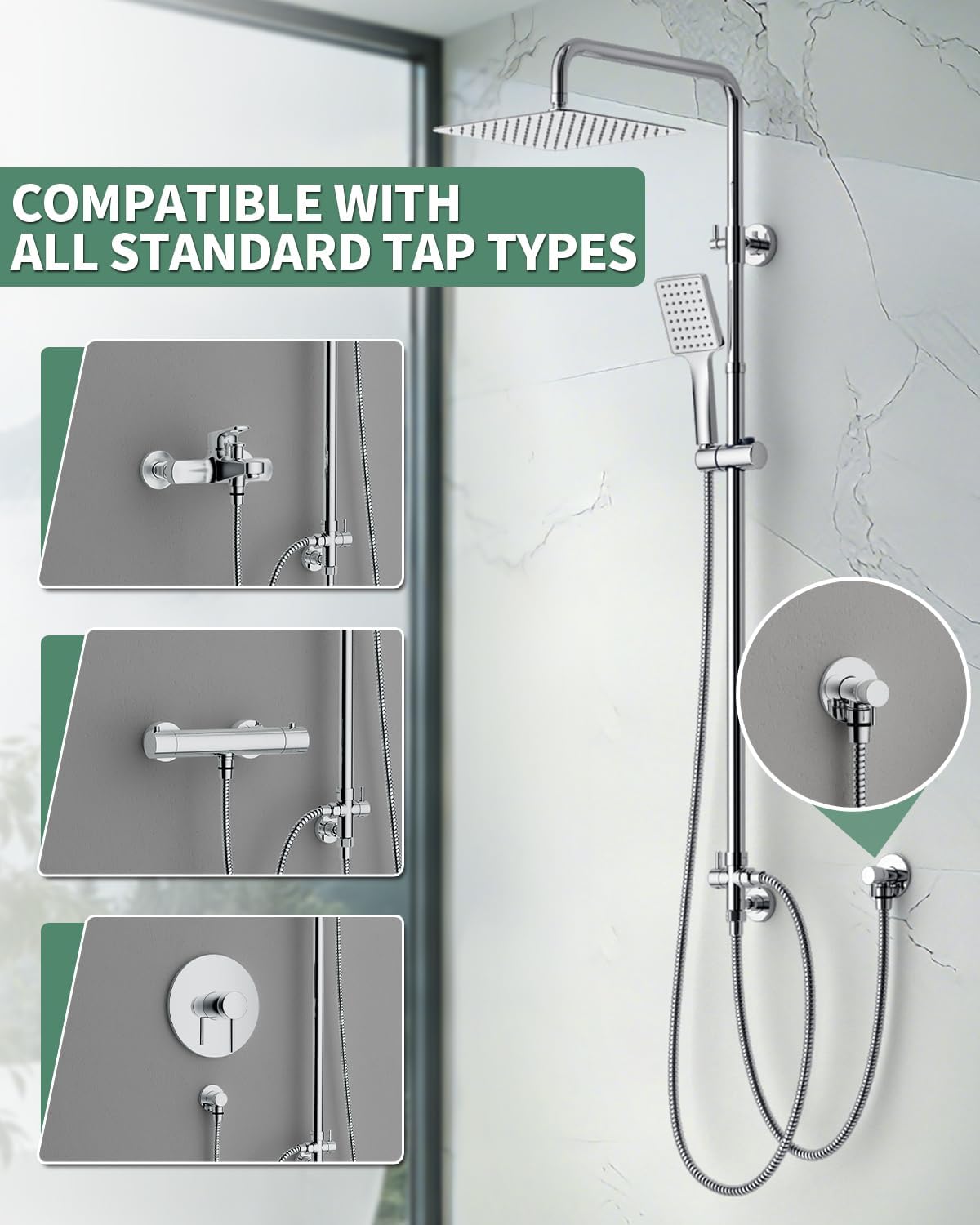 Thumbnail 5 de SunCleanse Shower Riser Rail Kit with 25cm Square Overhead Rainfall Head and Brass Diverter (Chrome)