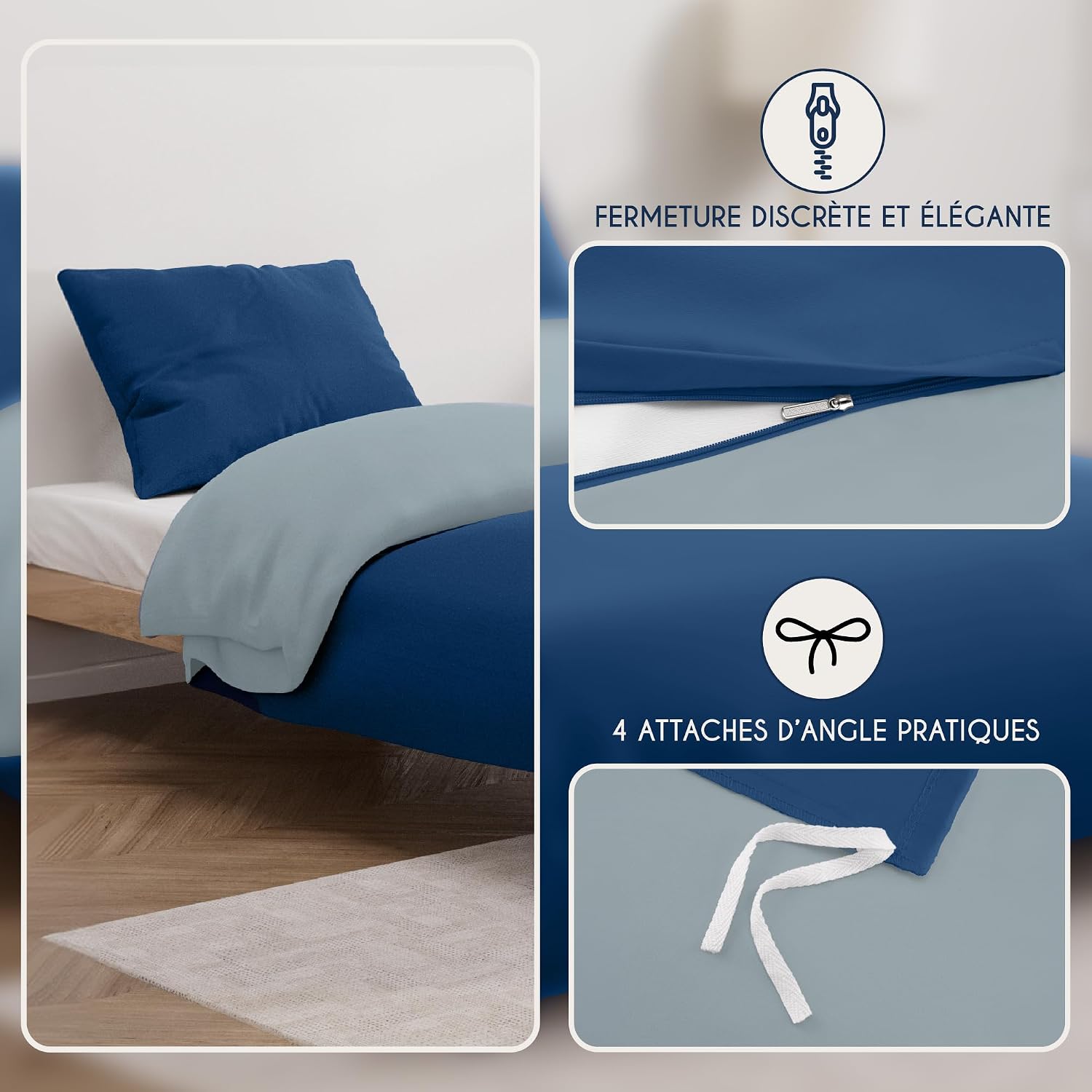 Thumbnail 2 de Dreamzie Housse de Couette 140x200 cm avec Taie Oreiller 65x65 cm – Bleu Foncé/Bleu Gris, Microfibre 100% brossée, Oeko-Tex