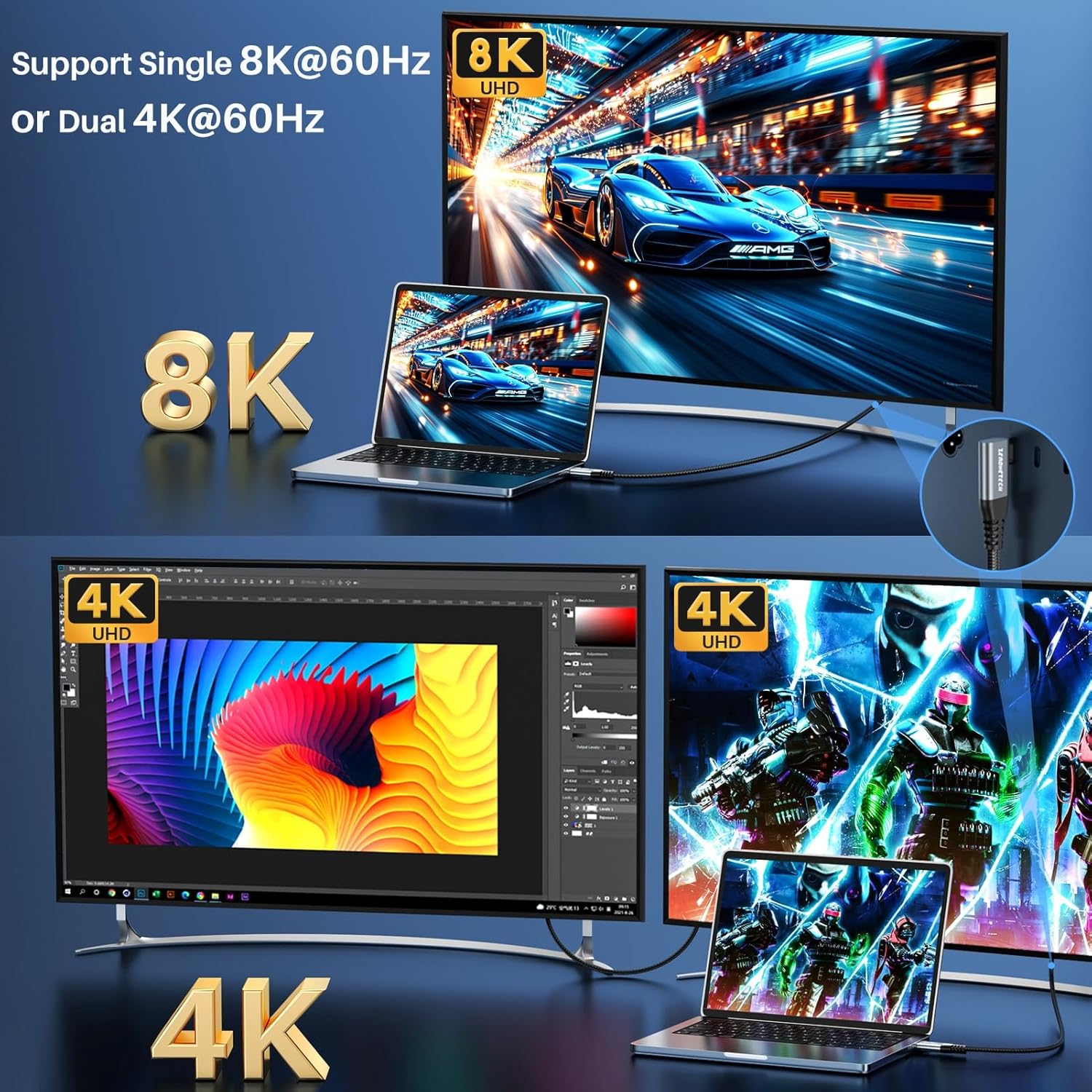Detalle de ZeroneTeck USB C Monitor Cable 8K 3.3ft