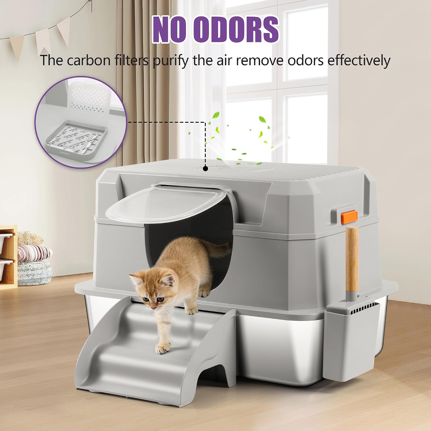 Detalle 2 de Bartuke Enclosed XXL Stainless Steel Cat Litter Box with Lid, Step and Scoop
