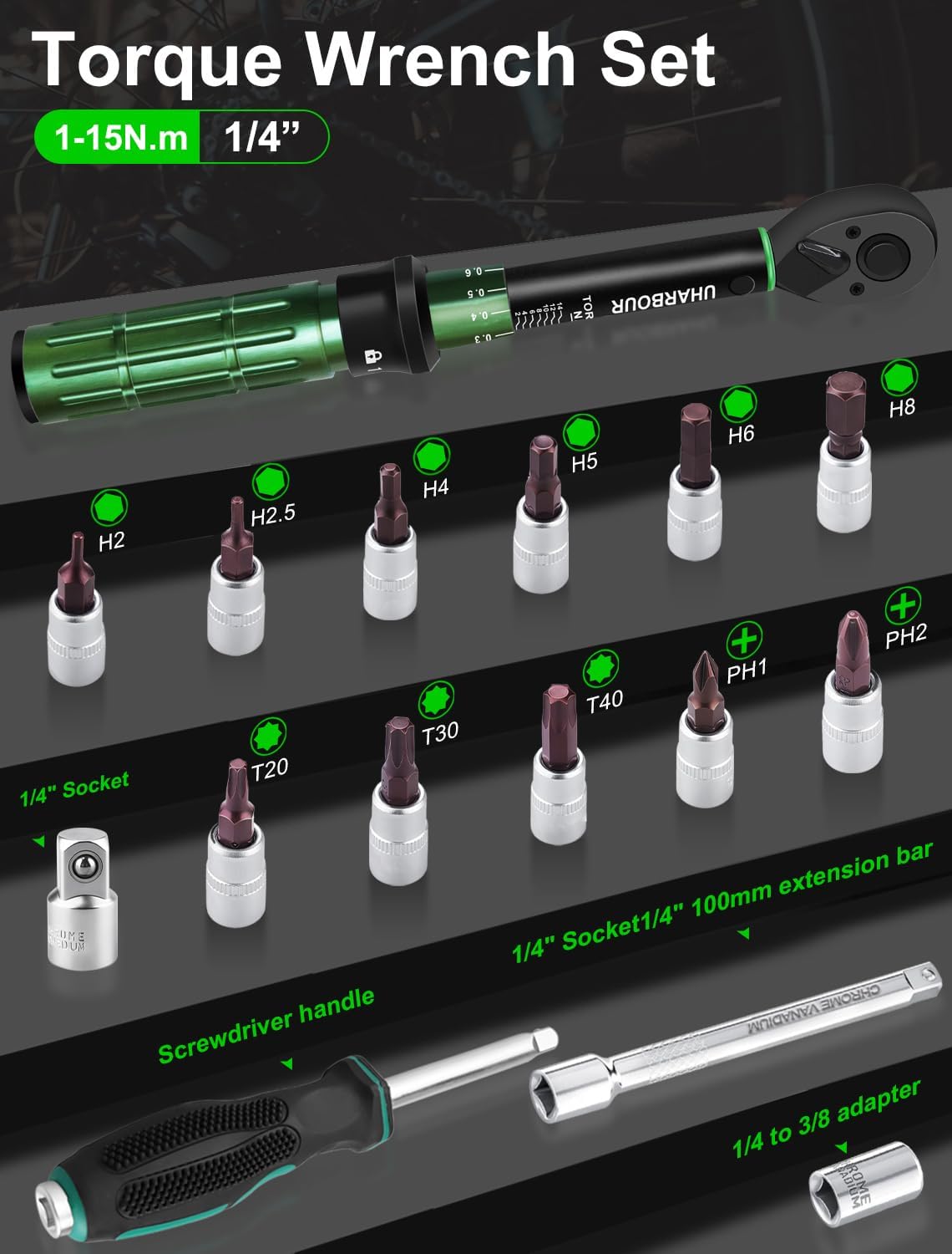 Thumbnail 1 de Uharbour 1/4" Torque Wrench Set (1–15 Nm) with Bits, Extension Rod & Calibration Certificate