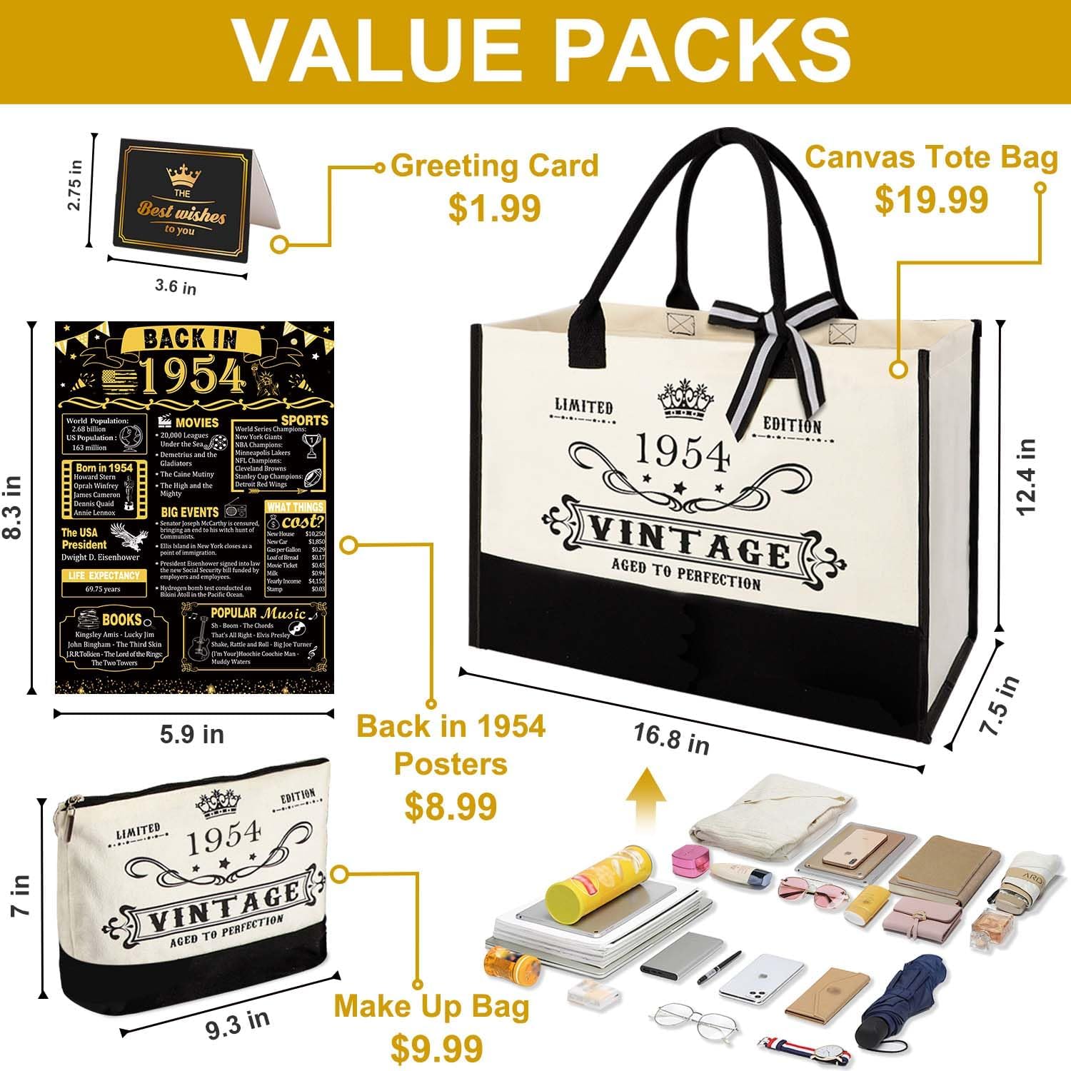 Thumbnail 5 de YeohJoy 72nd Birthday Canvas Tote Bag Gift Set (1954 Tote + Cosmetic Bag + “Back in 1954” Poster)