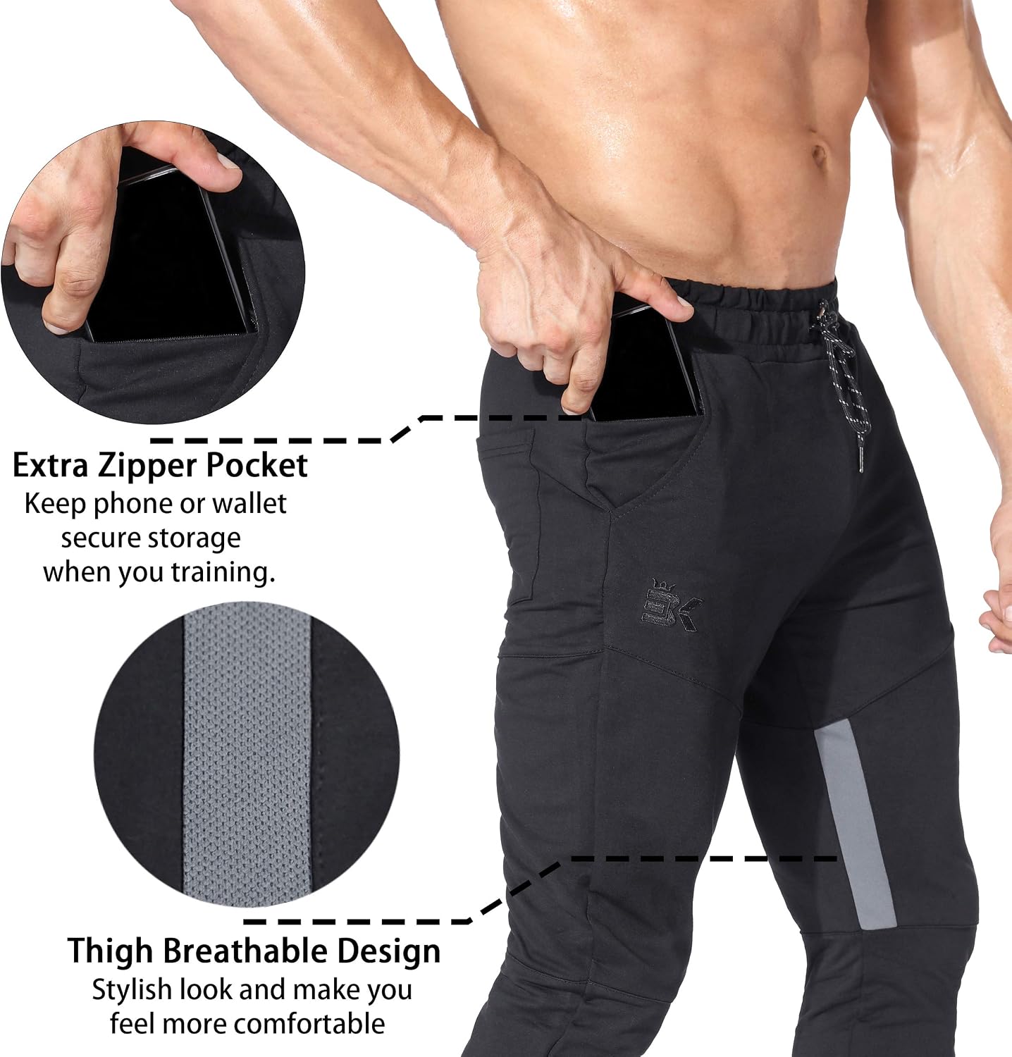 Detalle de BROKIG Men's Gym Joggers with Hidden Zip Pocket and Ankle Zippers