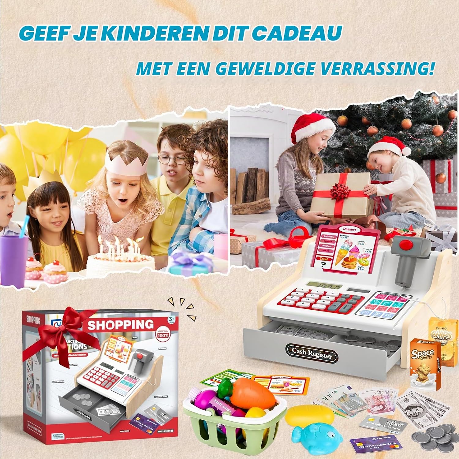 Thumbnail 6 de maysida 818-503M houten speelgoedkassa met scanner en winkelaccessoires