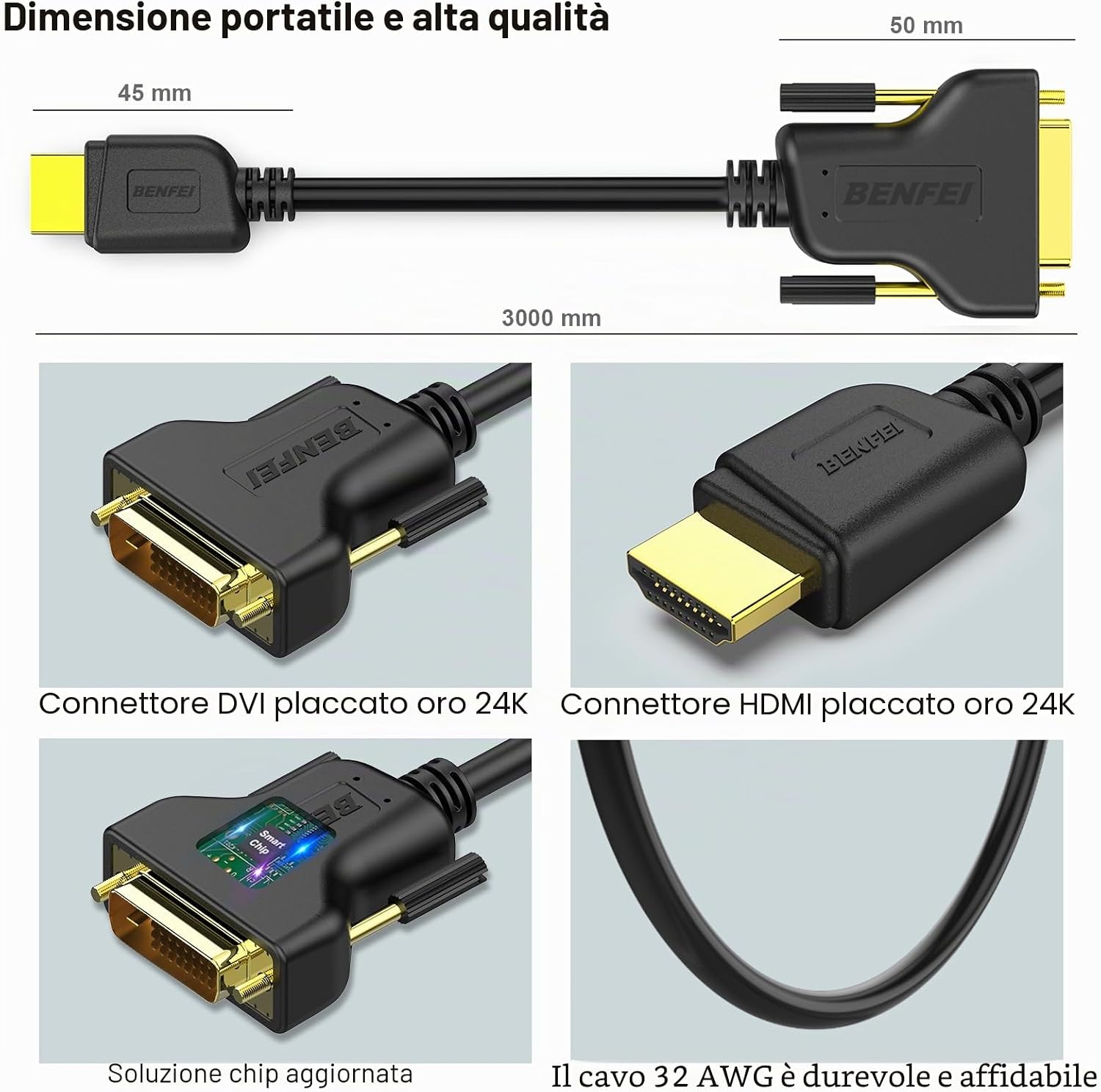 Detalle de BENFEI Cavo HDMI a DVI bidirezionale 3 m: HDMI to DVI-D (24+1) maschio a HDMI, alta velocità, 1080P, compatibile con Raspberry Pi, Roku, Xbox One e PS3/ PS4